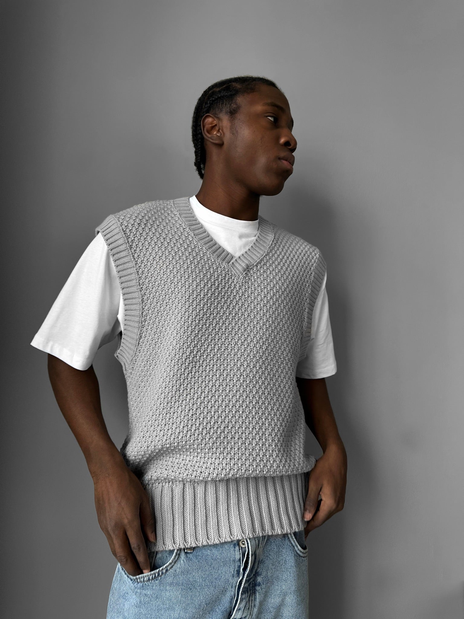 Loose Fit Knotted V Neck Pullunder - Grey