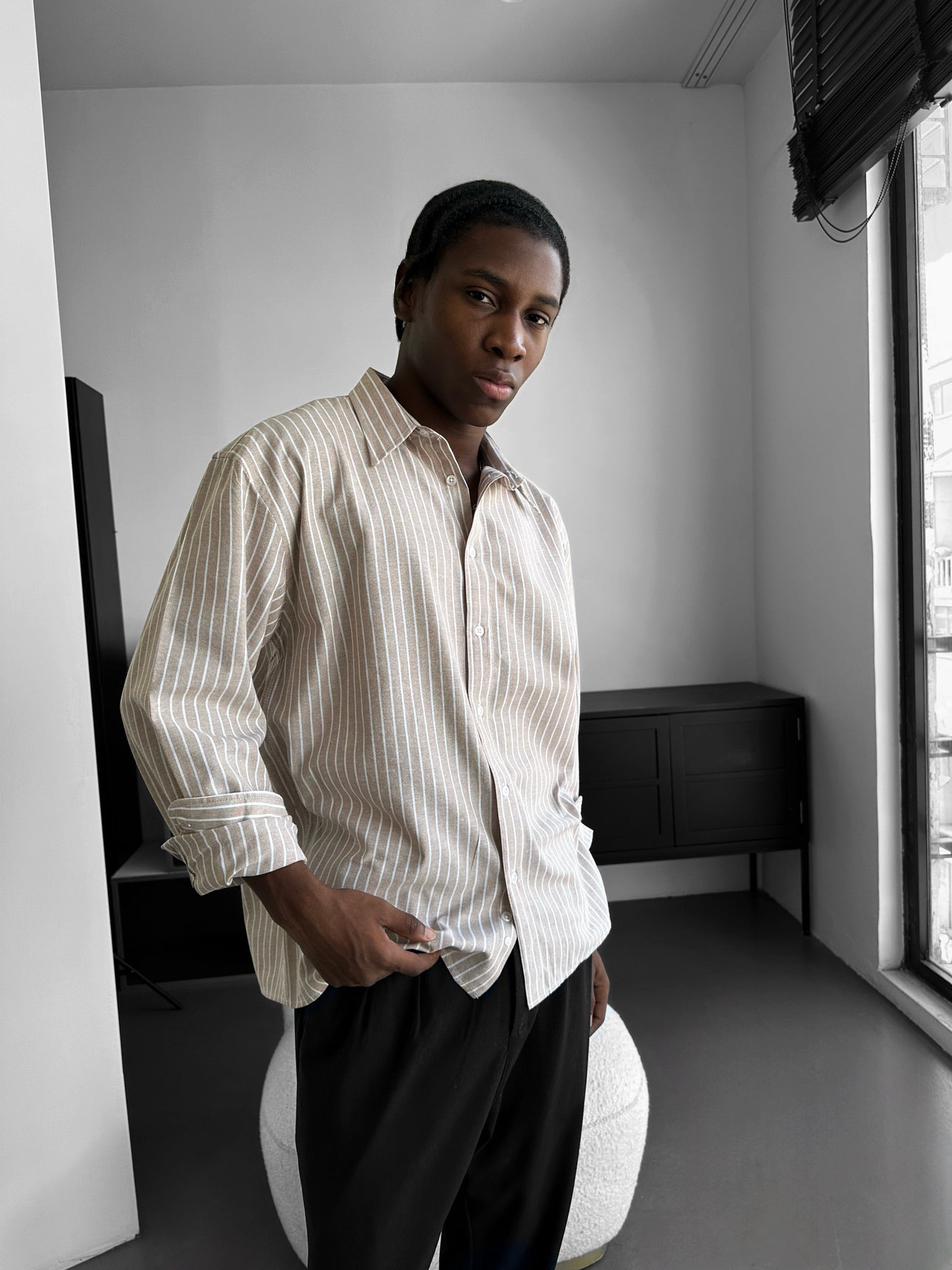 Oversize Cotton Thin Striped Shirt - Camel