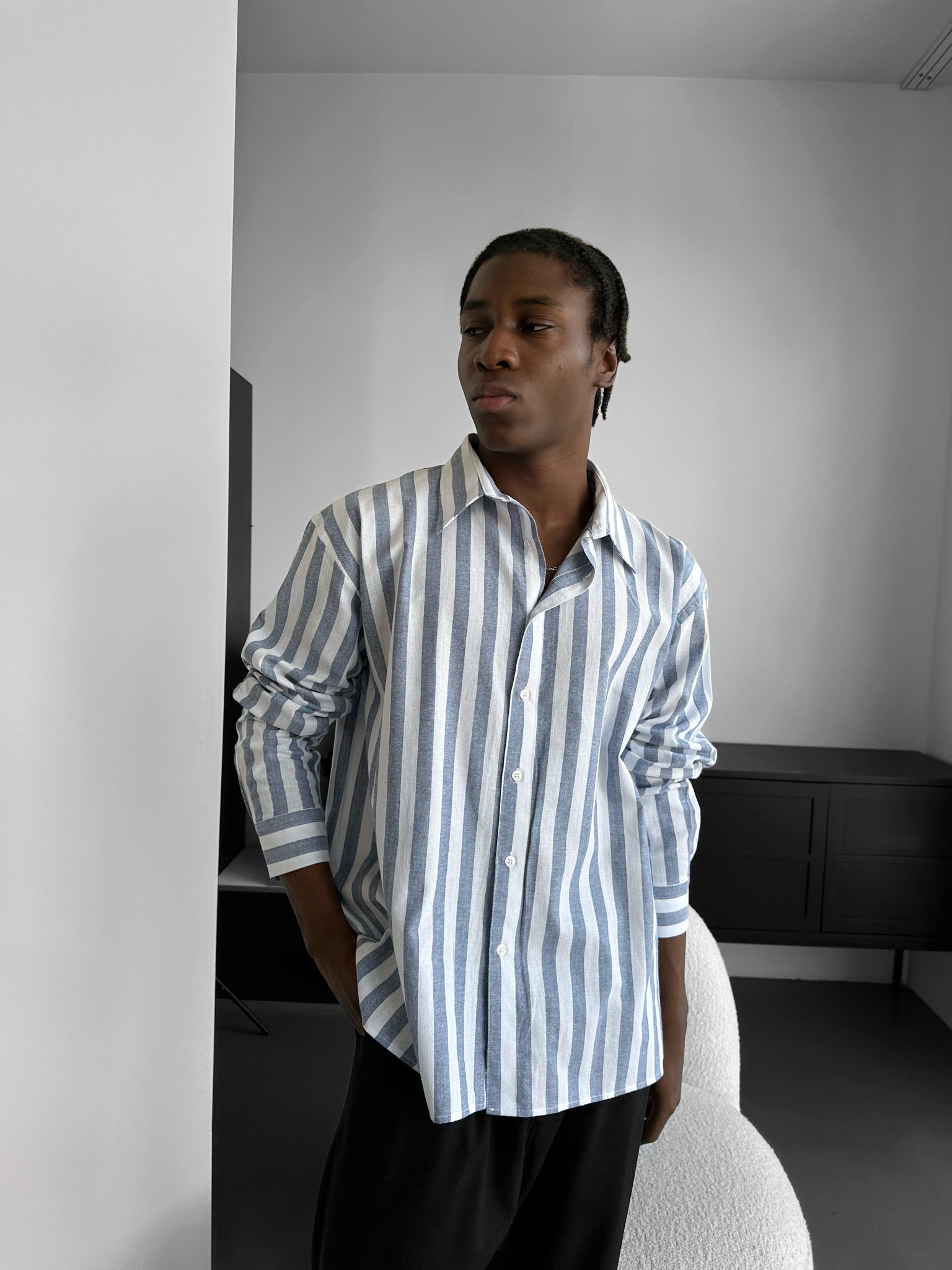 Oversize Cotton Striped Shirt - Navy Blue