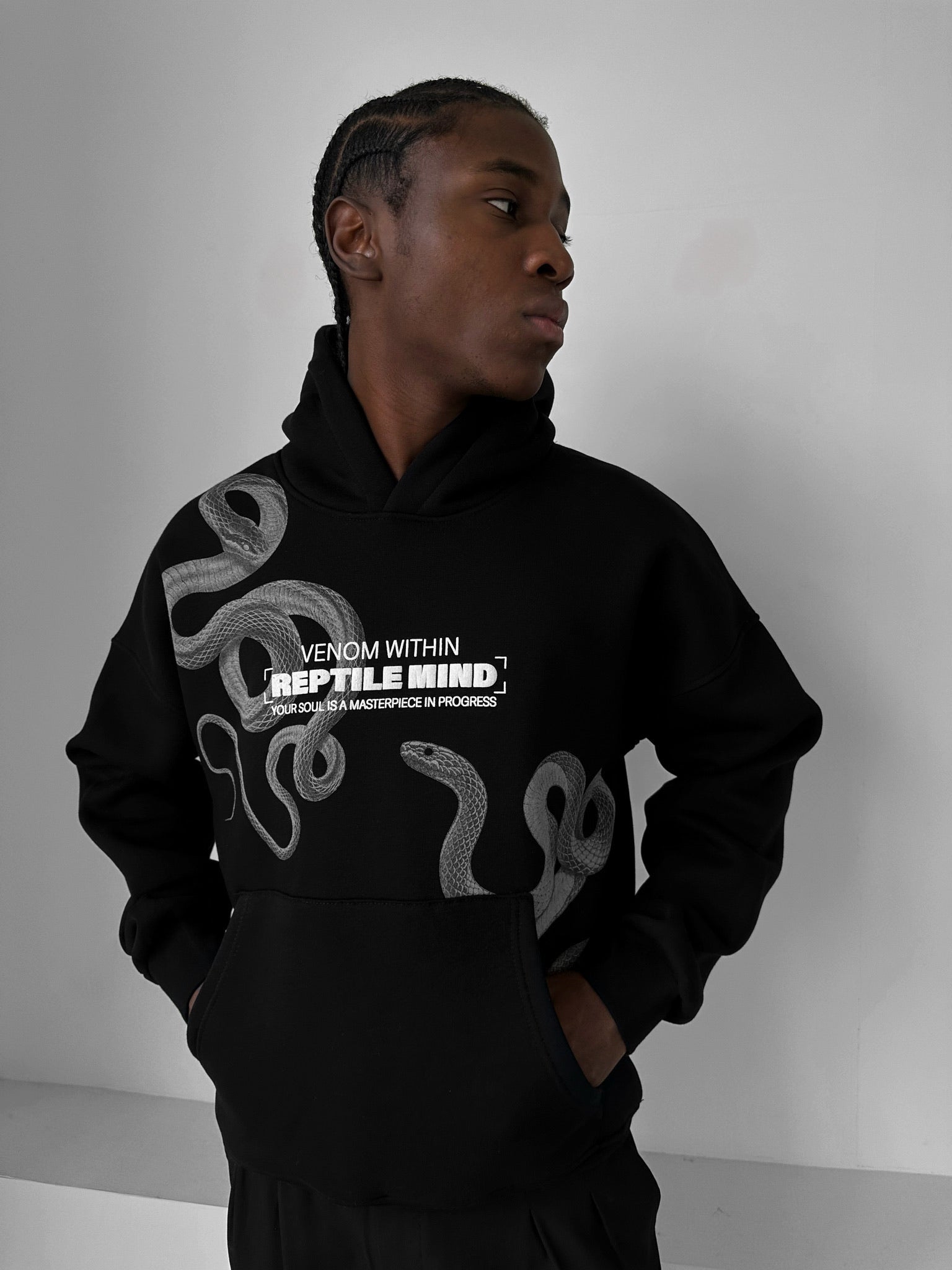 Oversize Detailed Snake Hoodie - Black