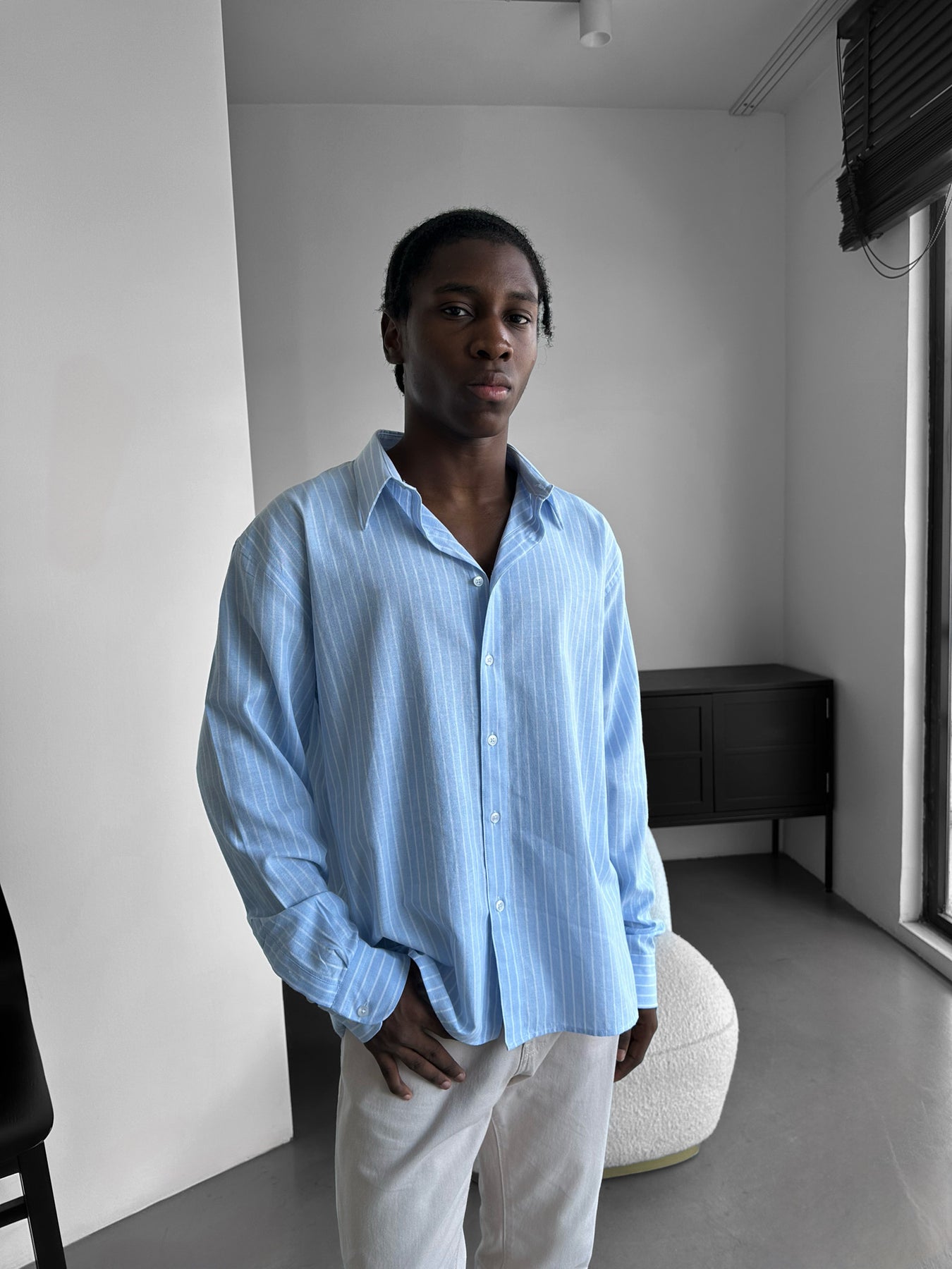 Oversize Cotton Thin Striped Shirt - Babyblue