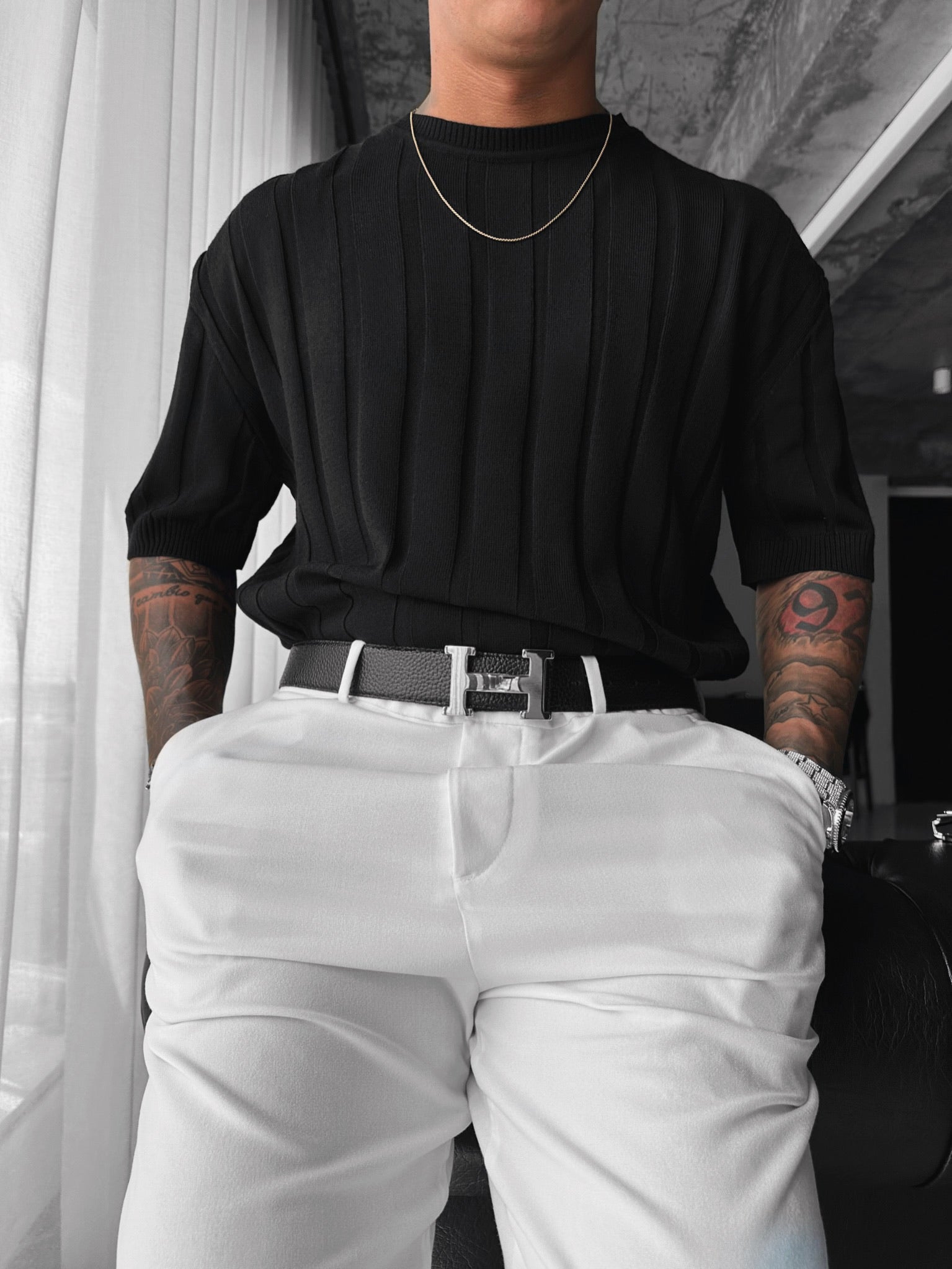 Regular Fit Knit Lines T-shirt - Black