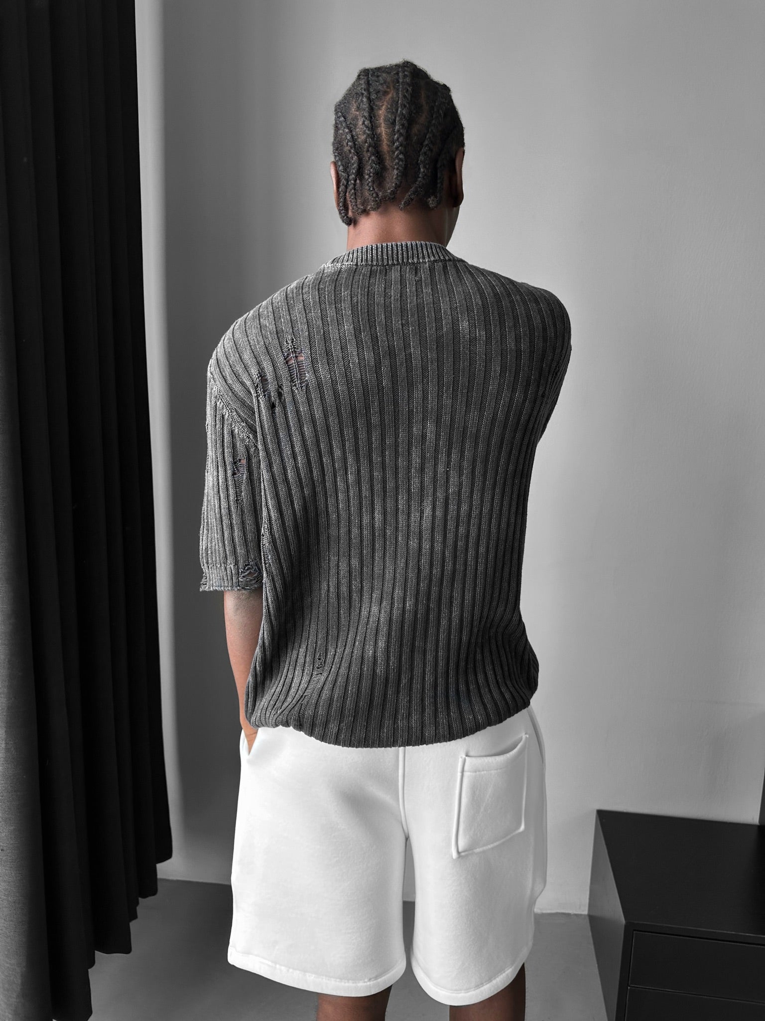 Oversize Torn Washed Knit T-shirt - Black
