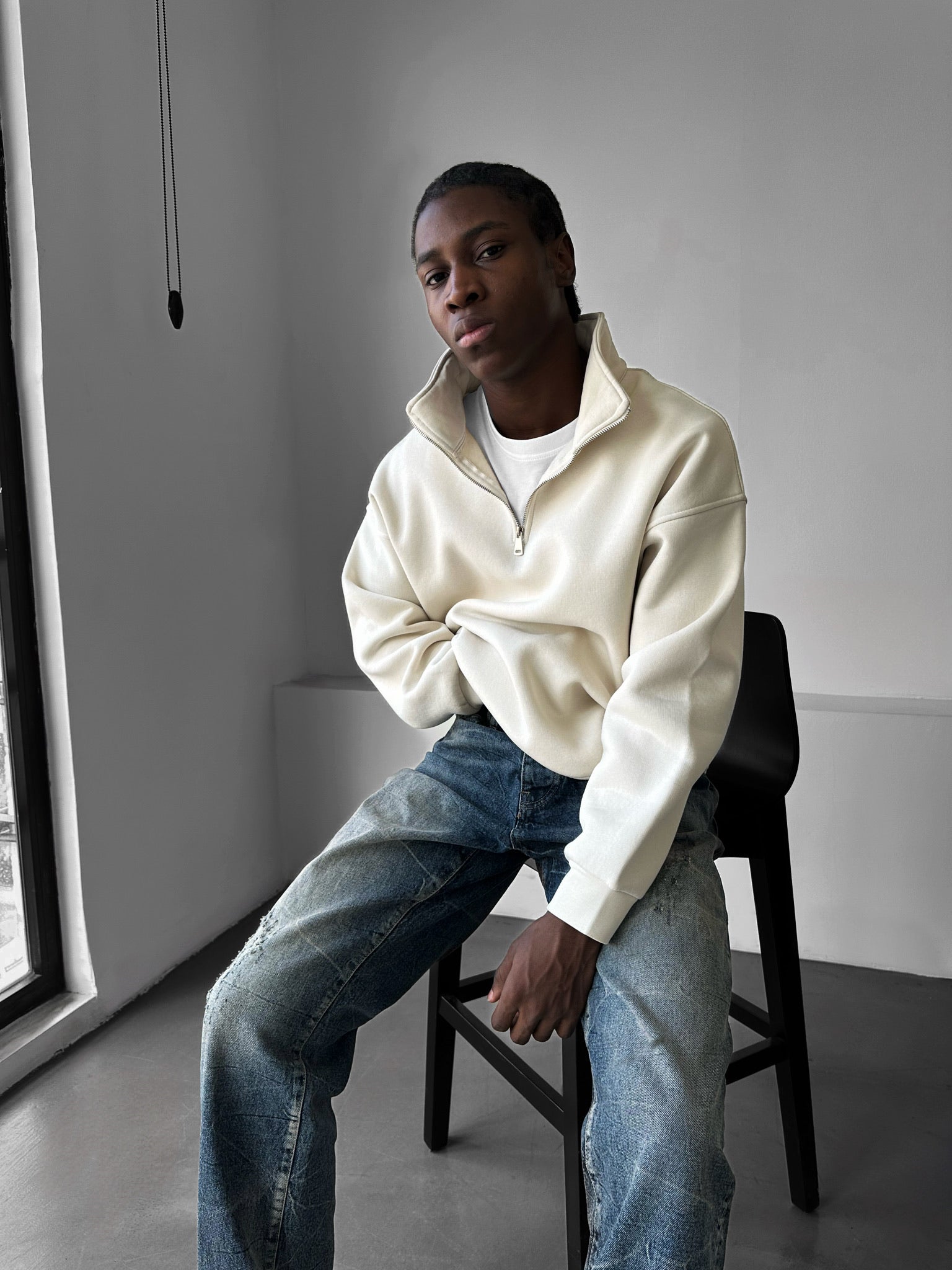 Oversize Half-Zip Polo Sweatshirt - Beige