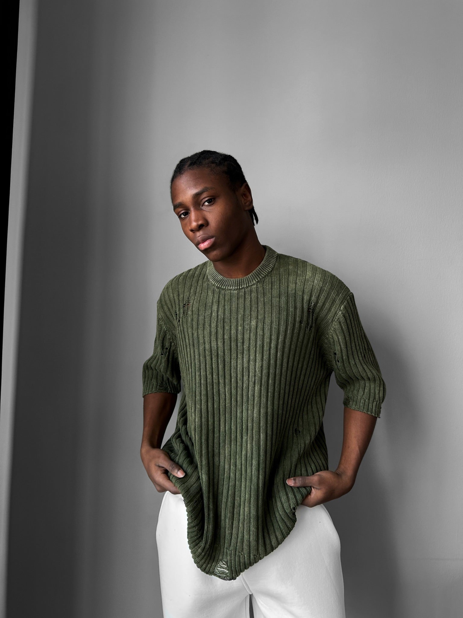 Oversize Torn Washed Knit T-shirt - Khaki