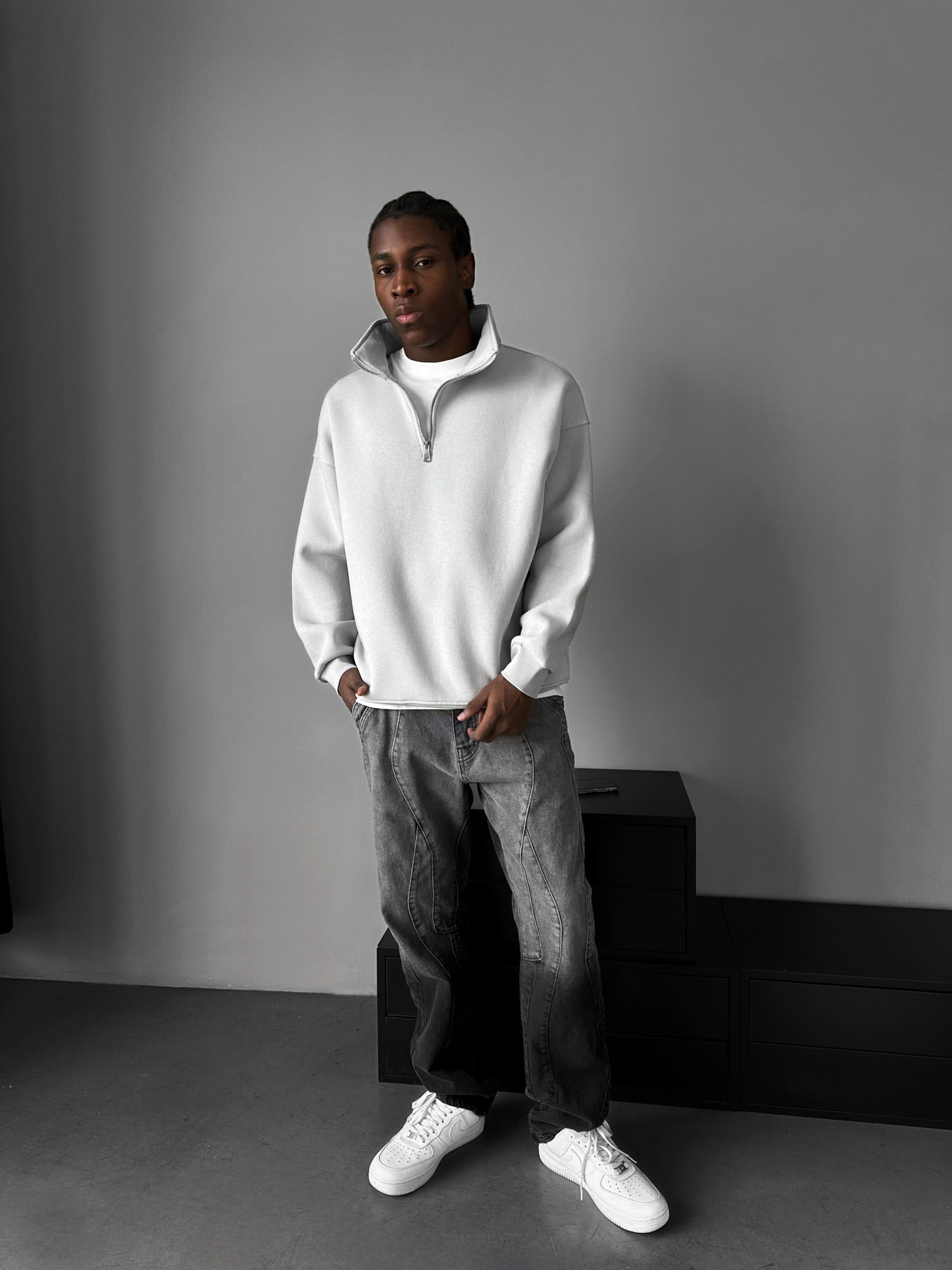 Oversize Half-Zip Polo Sweatshirt - Grey