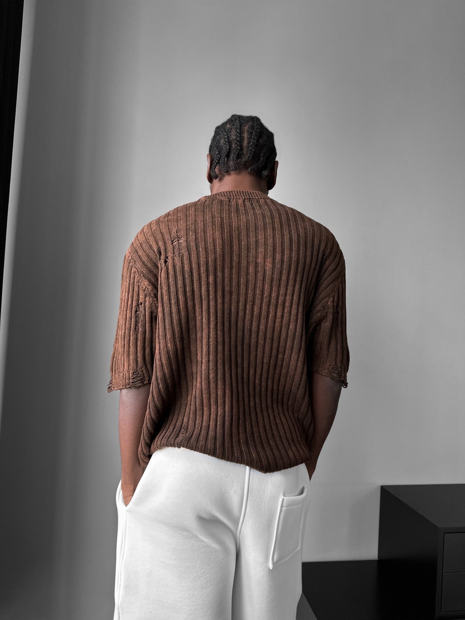 Oversize Torn Washed Knit T-shirt - Brown
