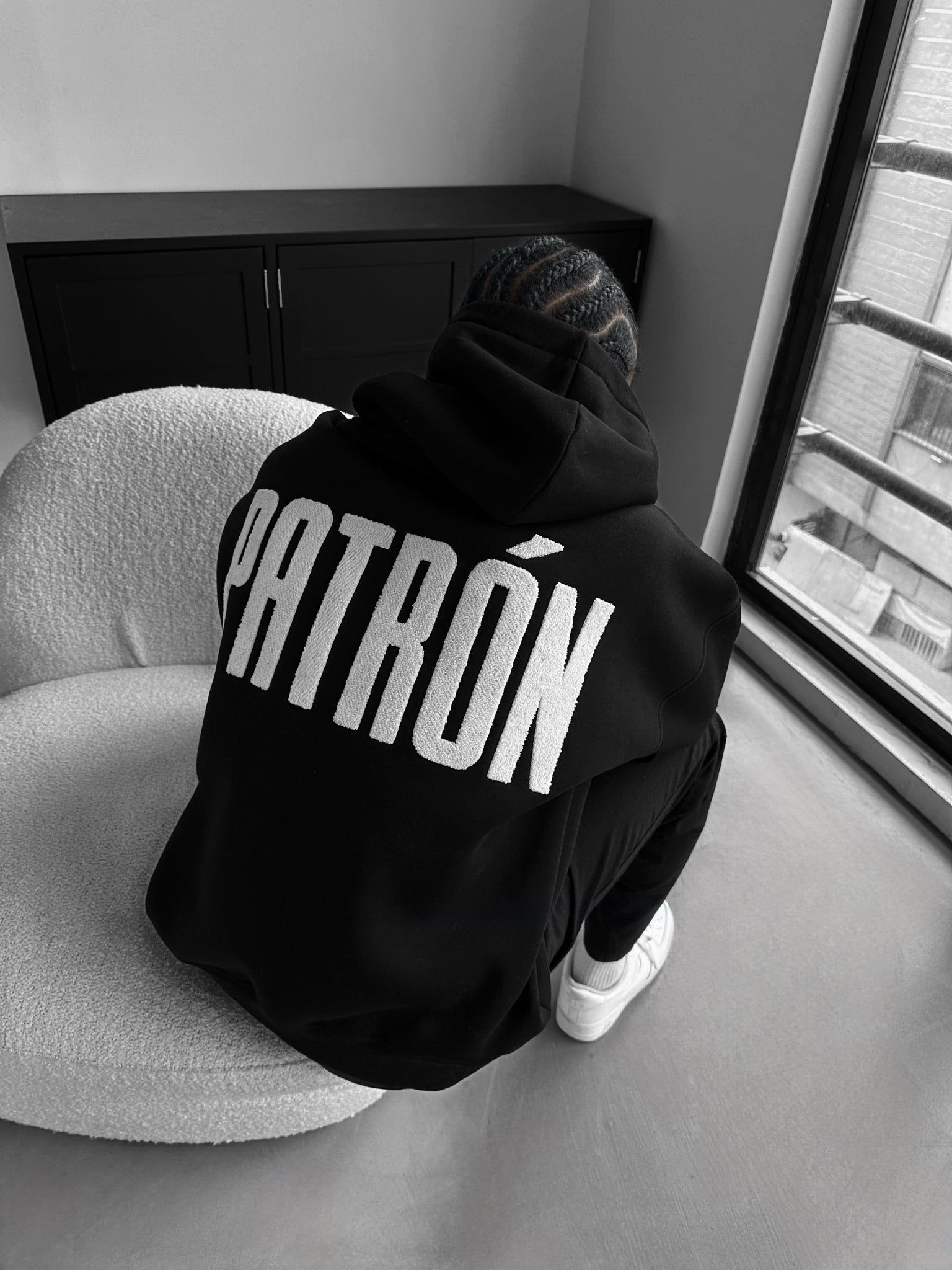 Oversize Detailed Patron Hoodie - Black and White