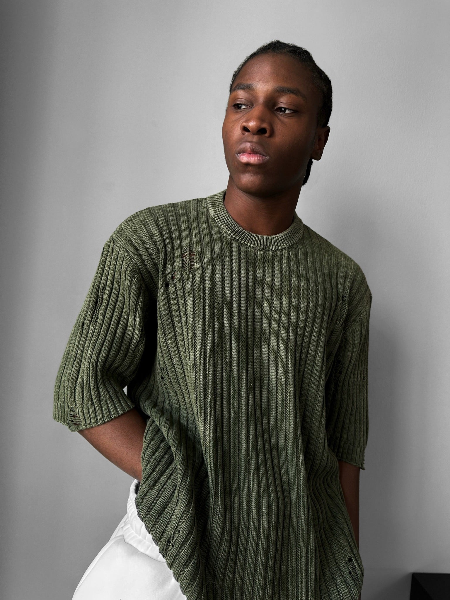 Oversize Torn Washed Knit T-shirt - Khaki