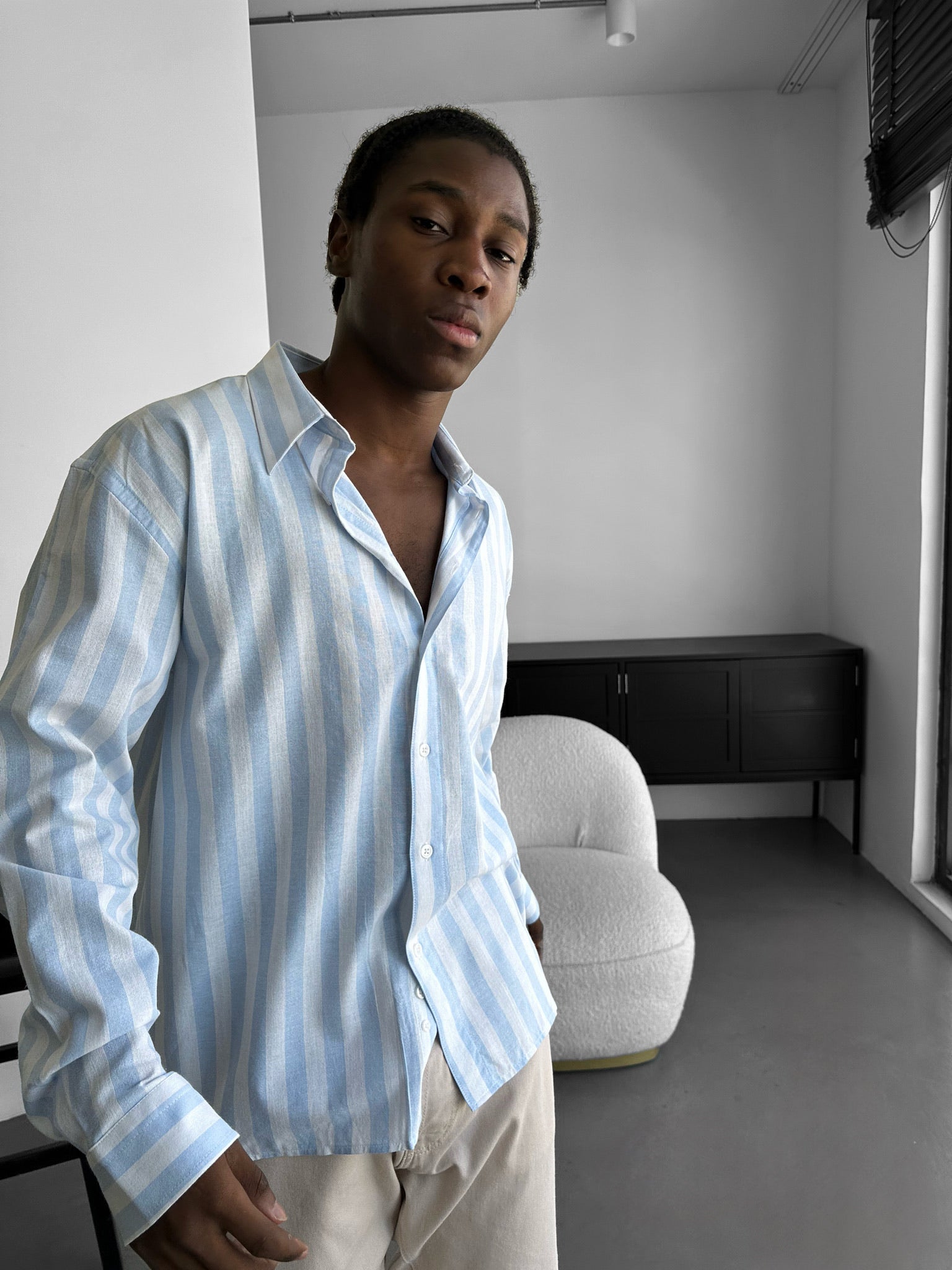 Oversize Cotton Striped Shirt - Babyblue