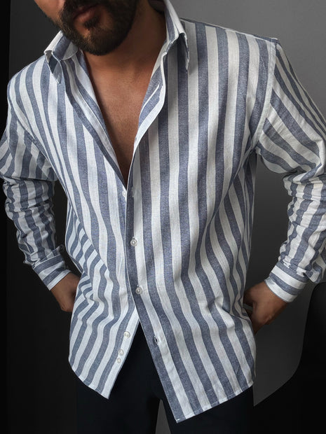 Oversize Cotton Striped Shirt - Navy Blue