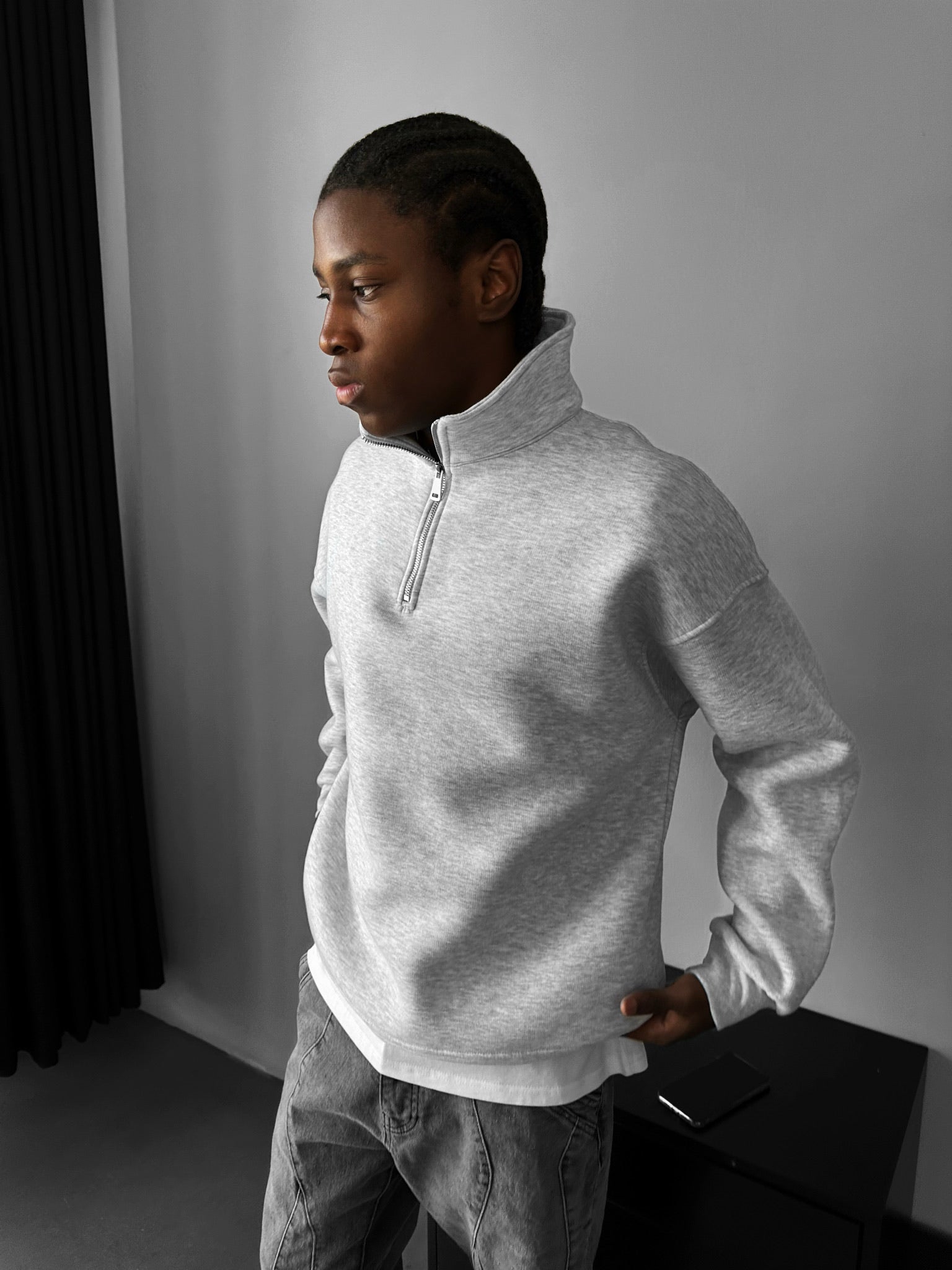 Oversize Half-Zip Polo Sweatshirt - Light Grey Melange