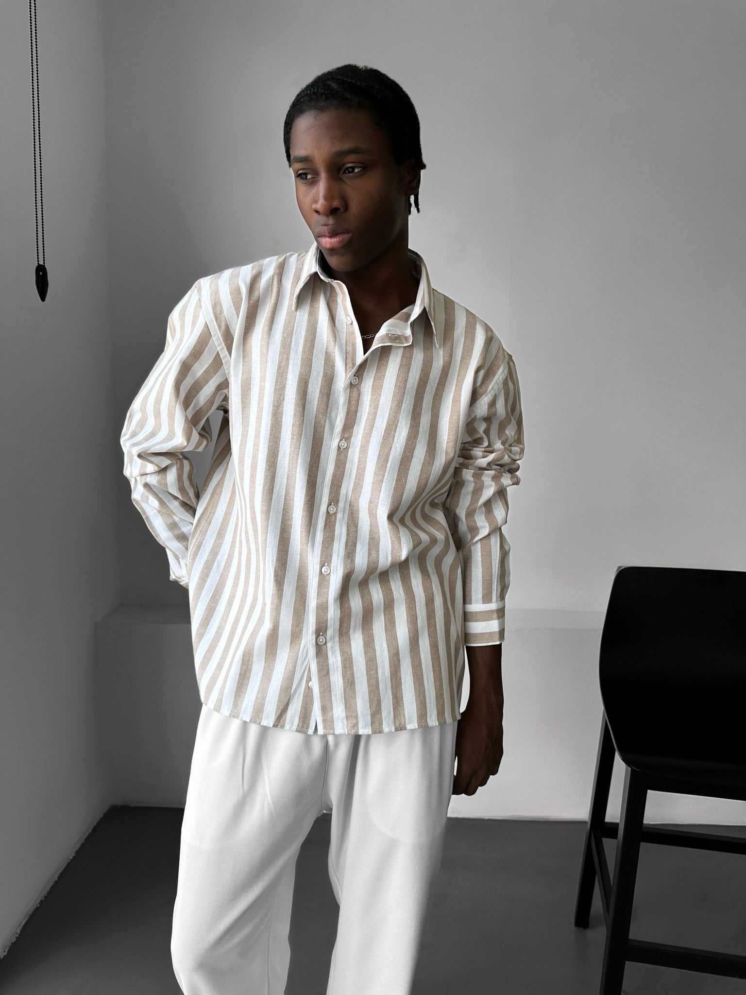 Oversize Cotton Striped Shirt - Camel