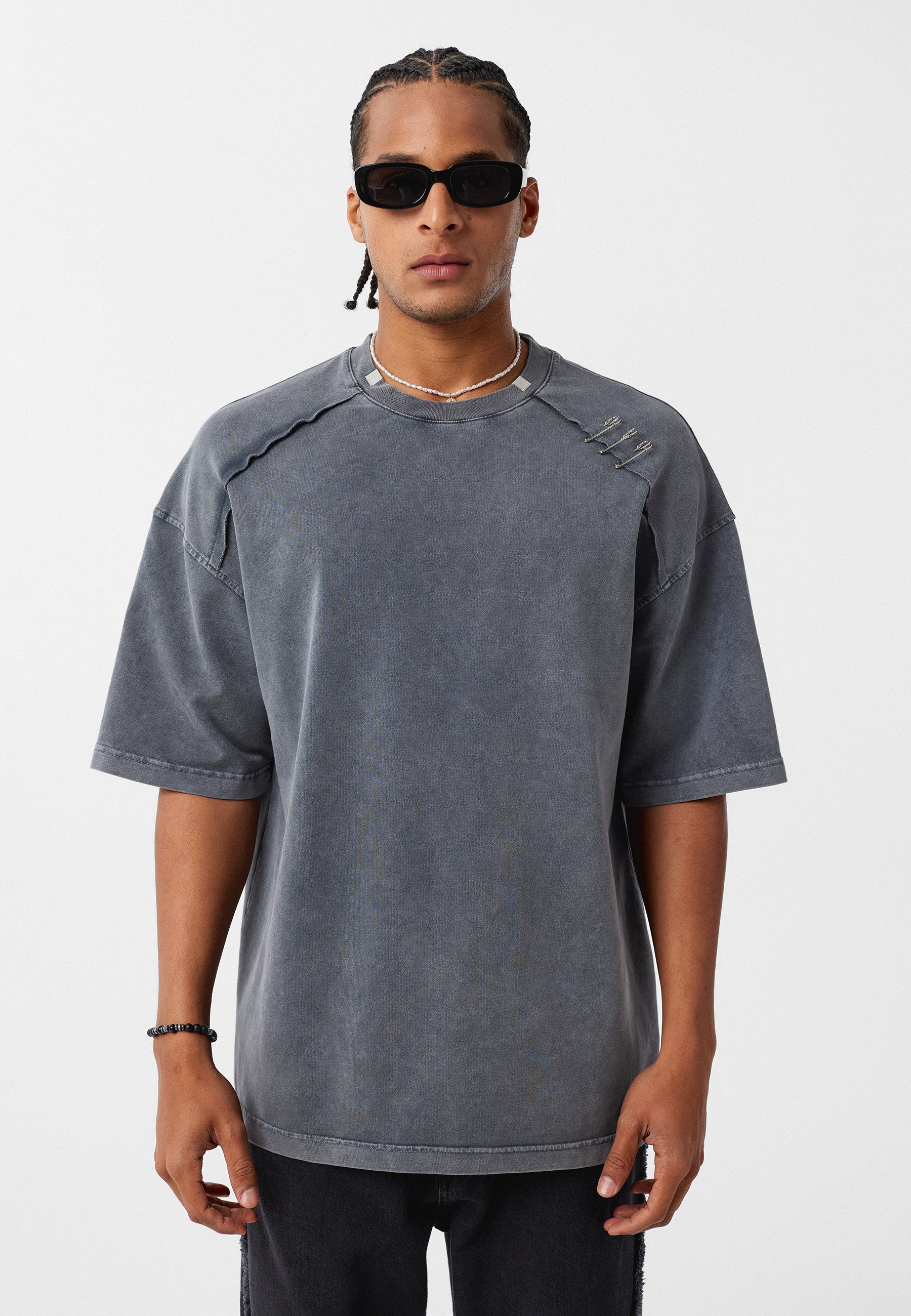 Oversized Washed Crew‑Neck T-shirts with Detail