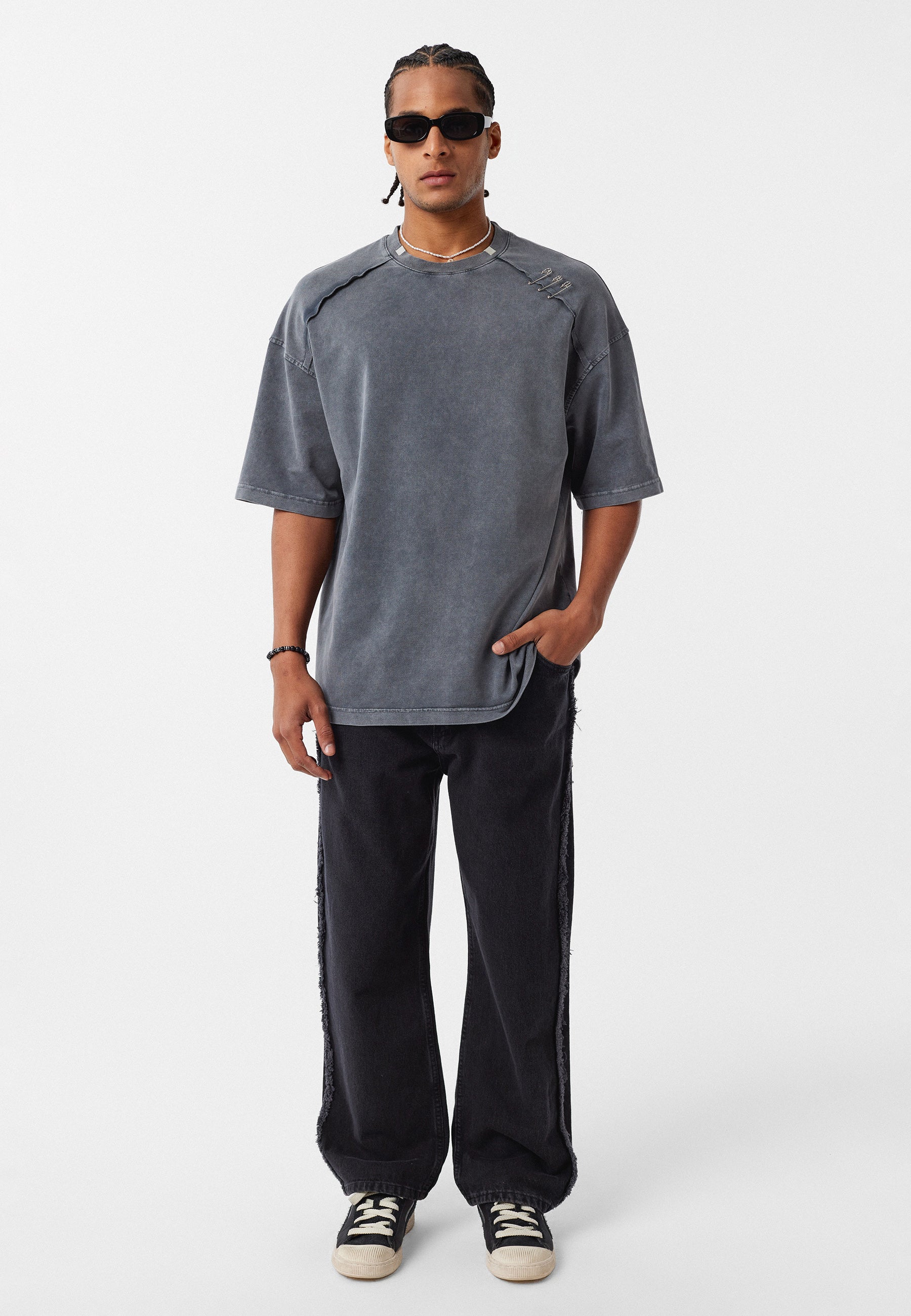 Oversized Washed Crew‑Neck T-shirts with Detail