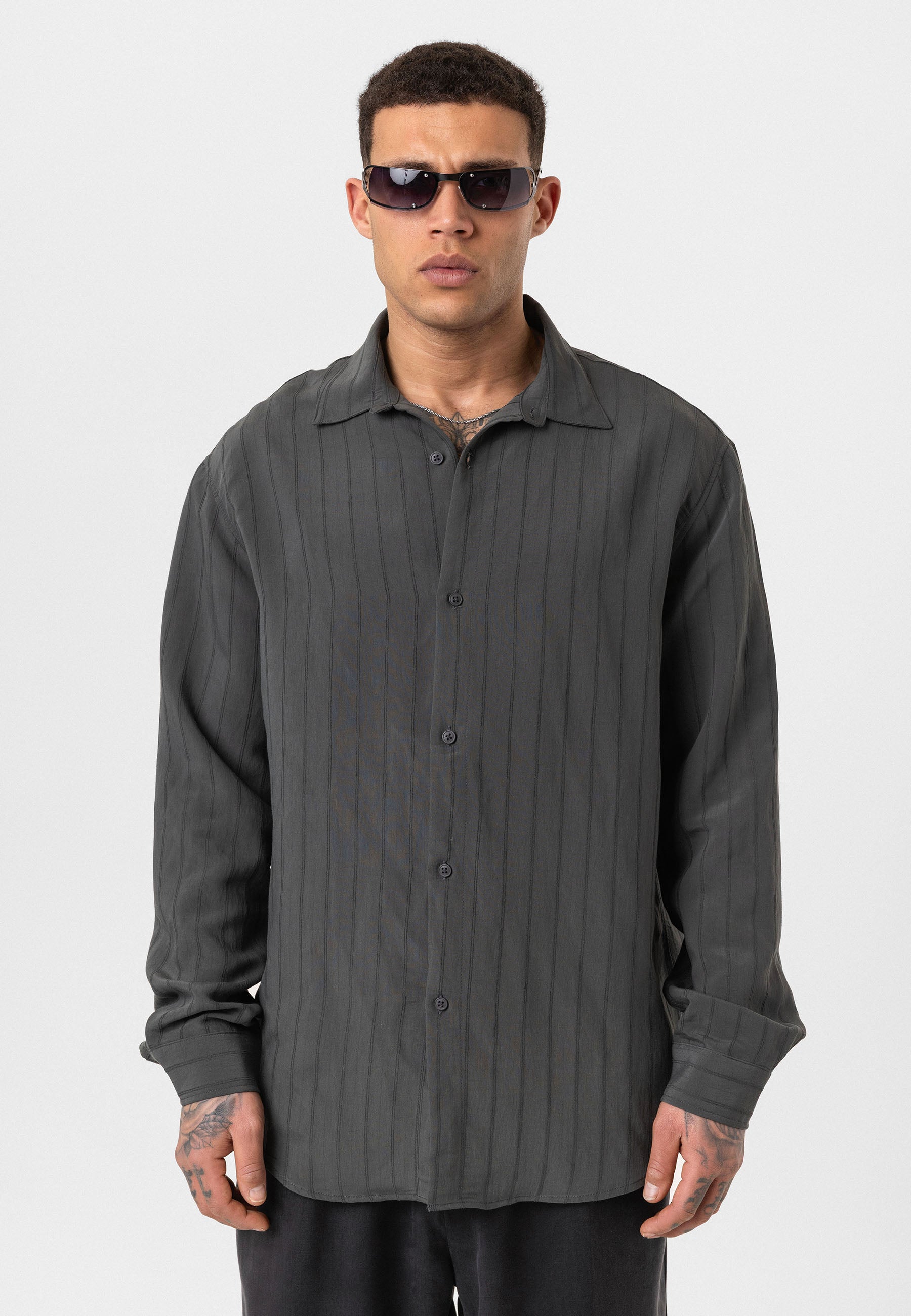 Anthracite Grey Striped Long Sleeve Oversize Shirt – Modern Relaxed Fit