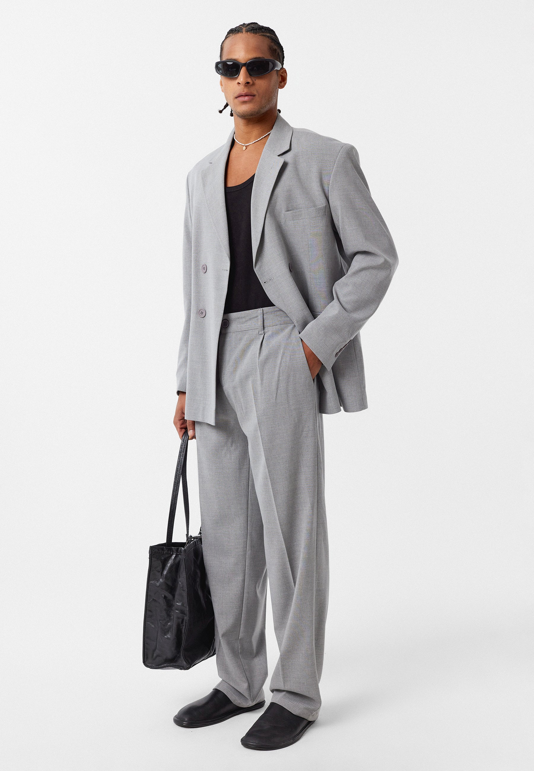 Oversized Double Breasted Blazer in Grey Modern Relaxed Fit Suit Jacket