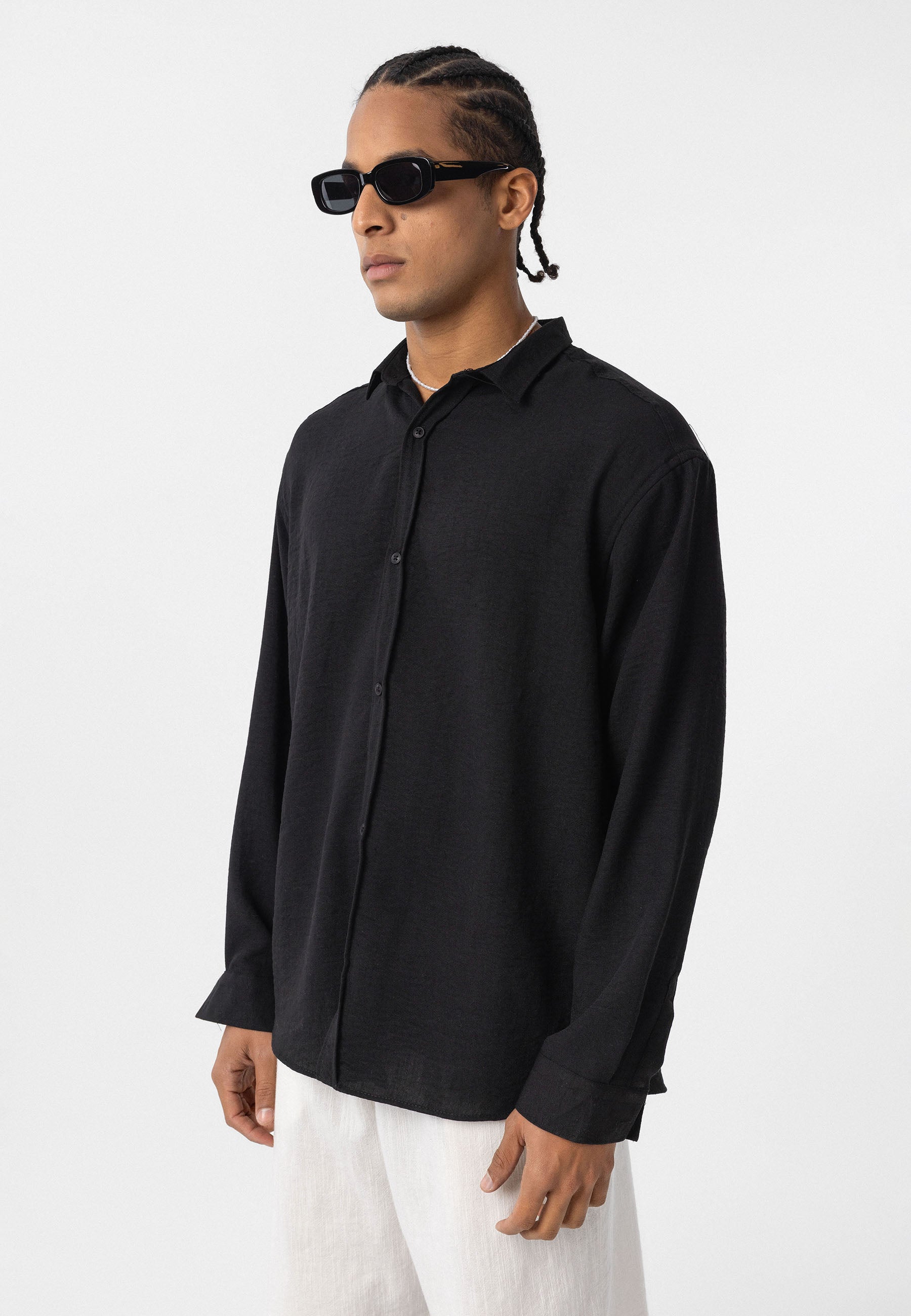 Pure Black Comfort Fit Button‑Up Shirt – Relaxed Everyday Essential