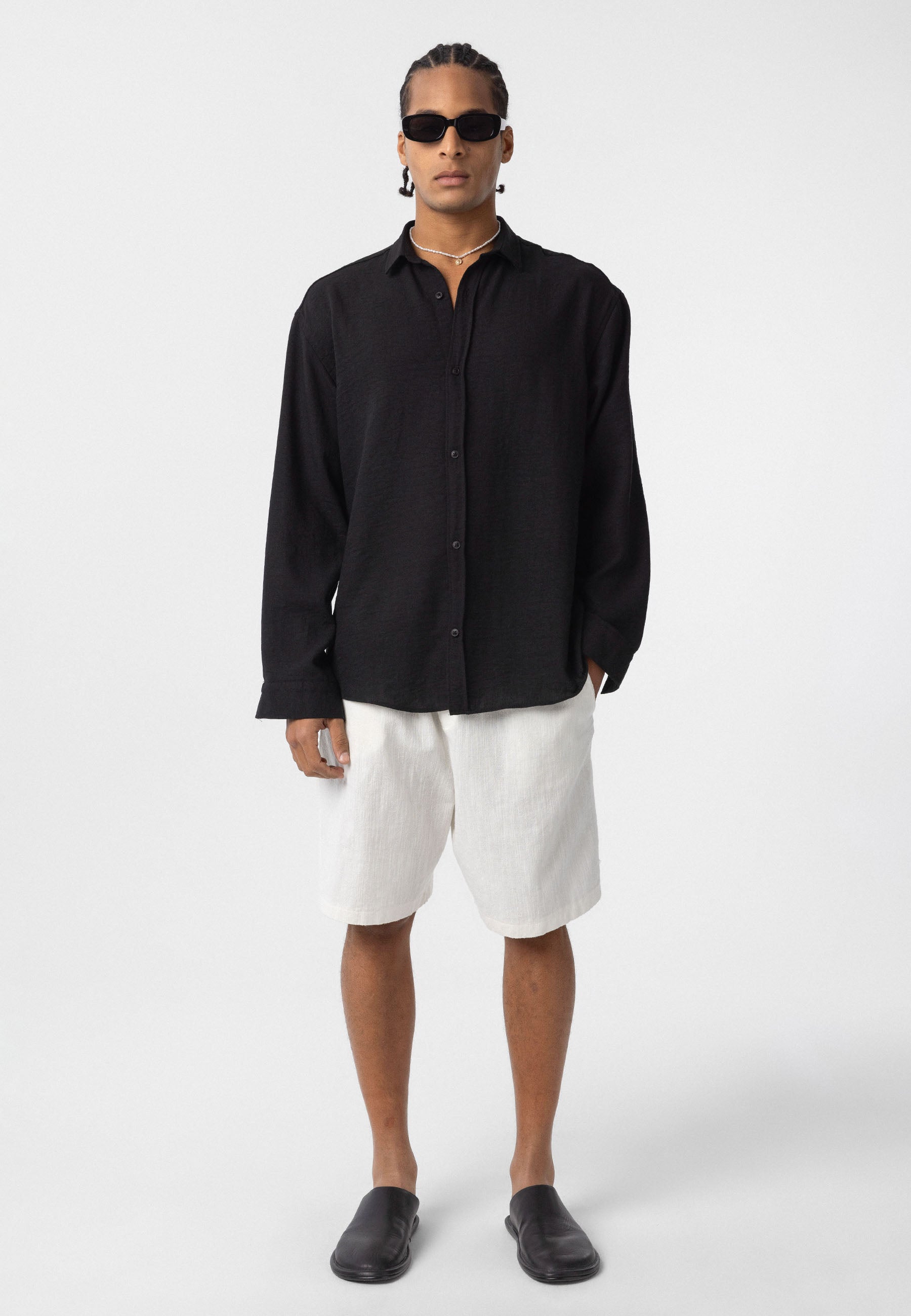 Pure Black Comfort Fit Button‑Up Shirt – Relaxed Everyday Essential