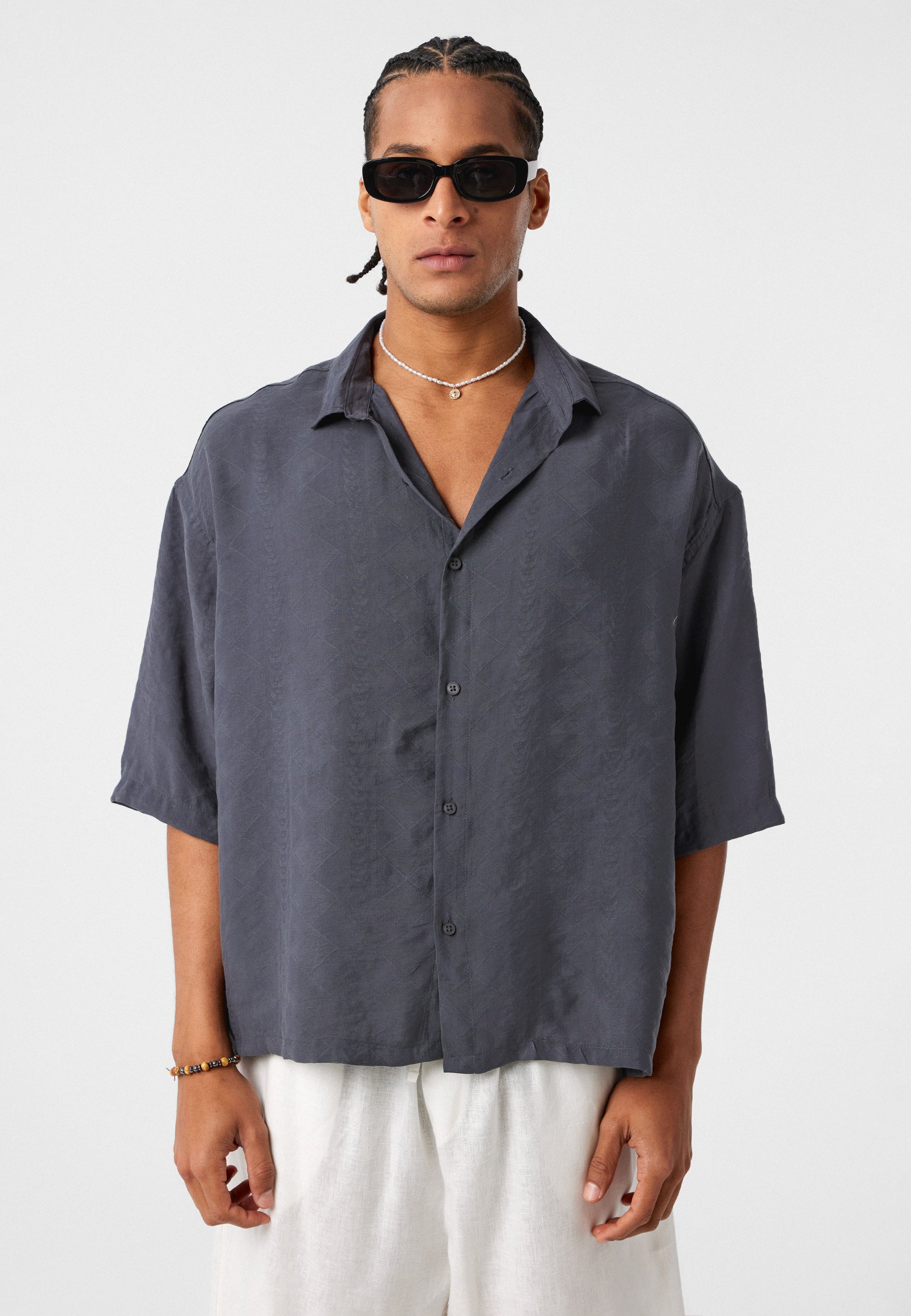 Navy Blue Oversized Short-Sleeve Linen Shirt – Effortless Summer Style