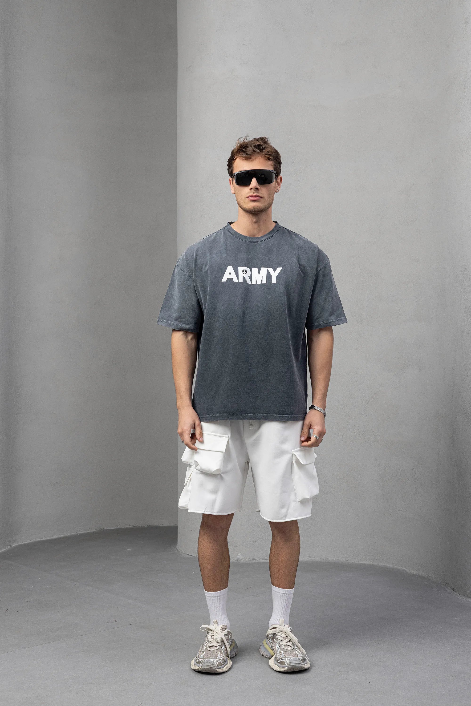 Army Graphic Grey T-Shirt with Bold Text Design