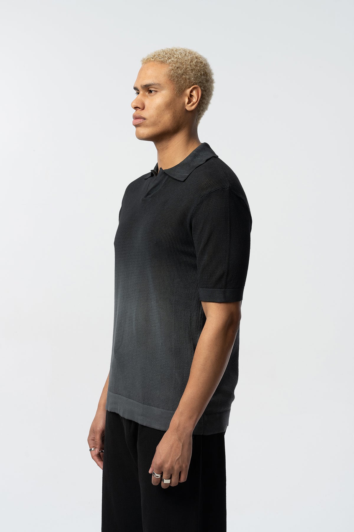 Two-Tone Textured Knit Polo Tee – Black & Grey