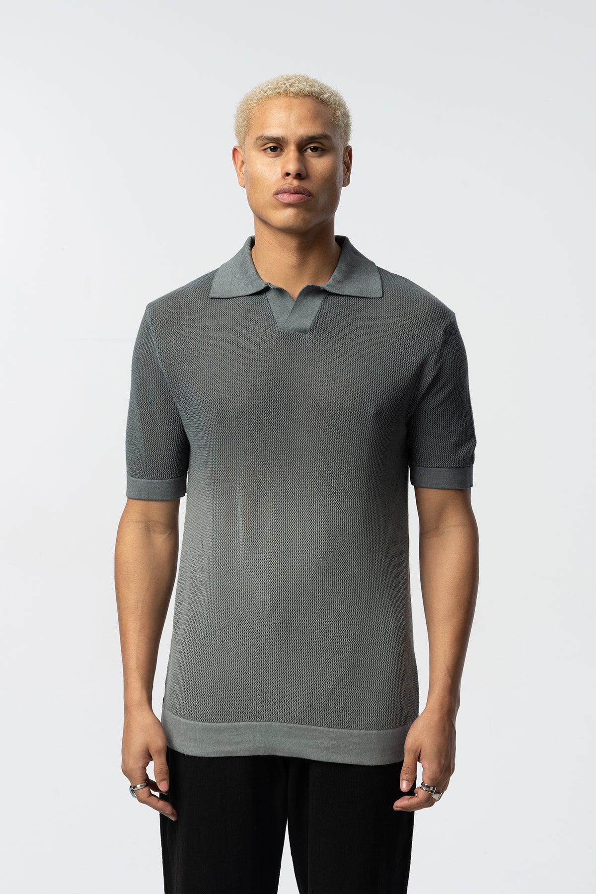 Two-Tone Textured Knit Polo Tee – Black & Grey