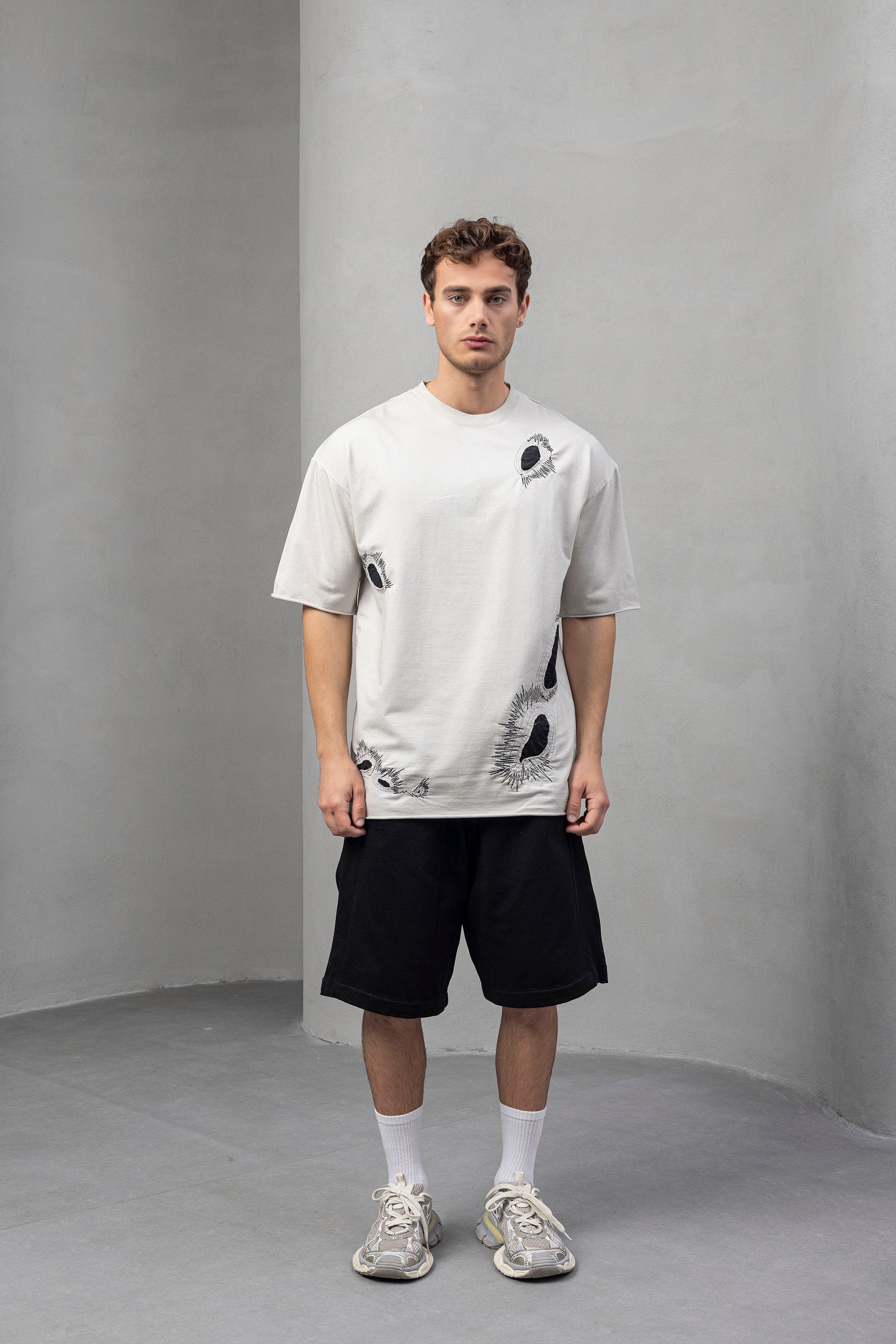 Minimal Patchwork Washed Tee – Oversized Clean Silhouette