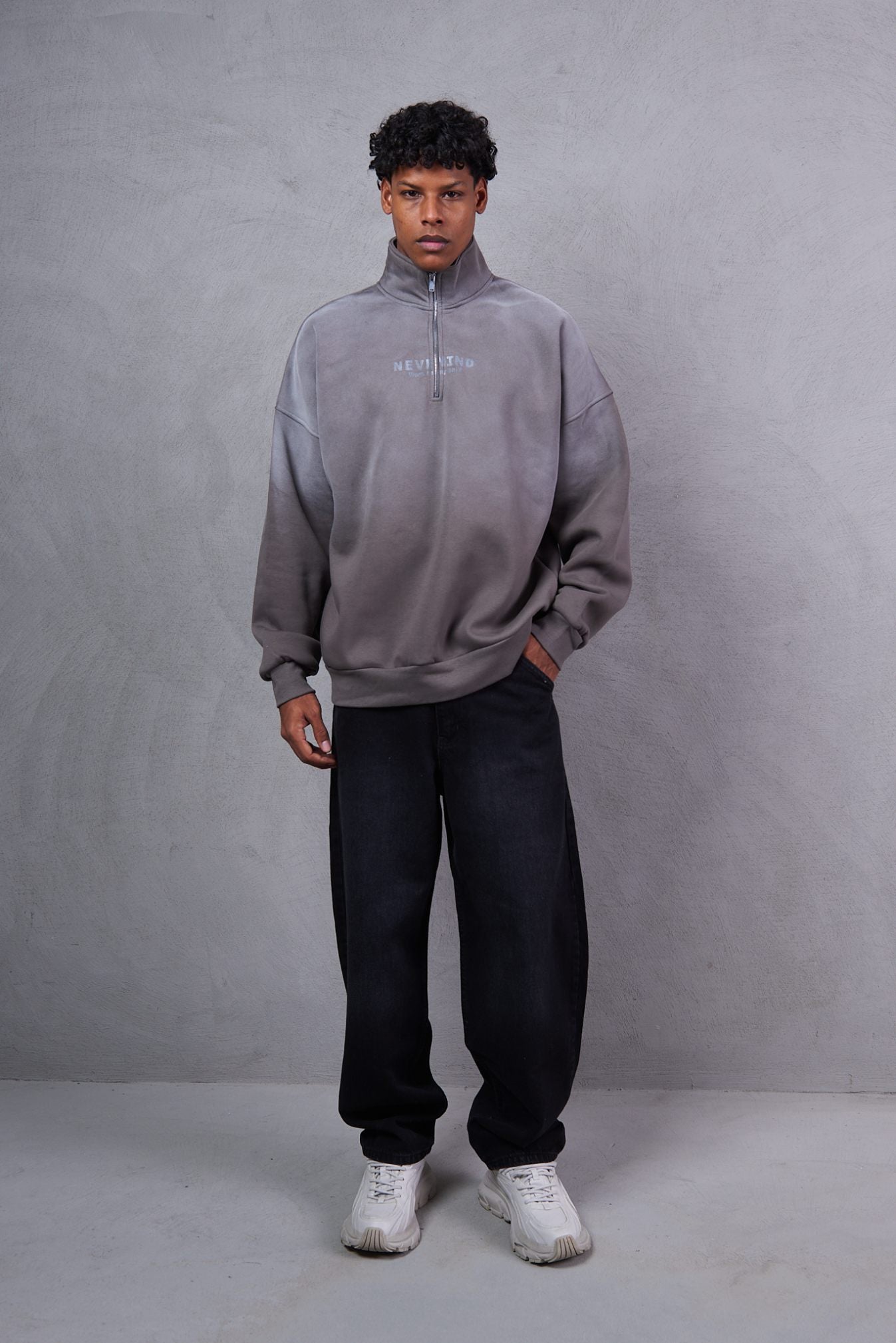 Alexander Wang Oversized Half-Zip Sweatshirt – Washed Asphalt / Black