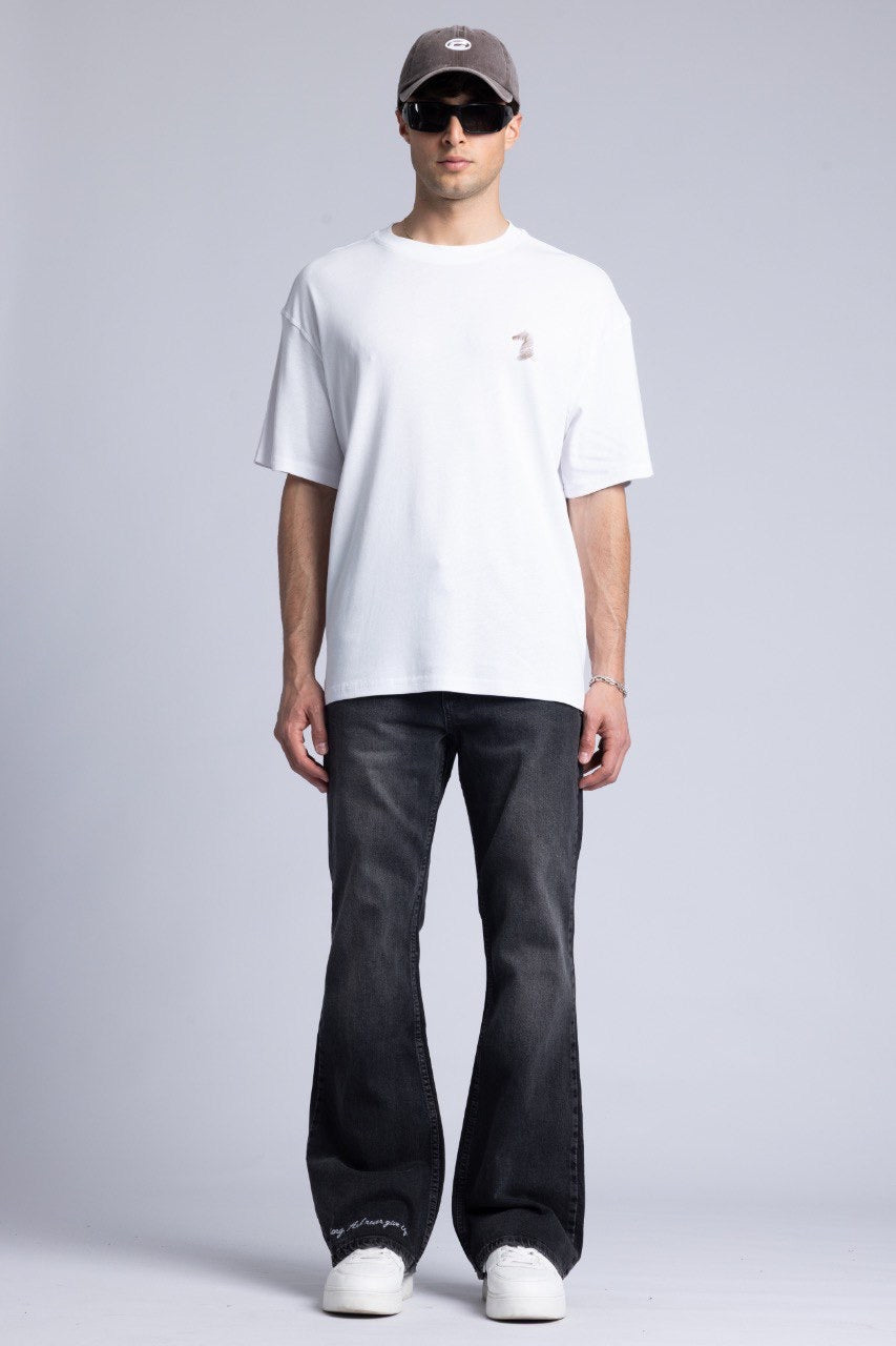 White Graphic T-Shirt with Black Flared Denim Jeans