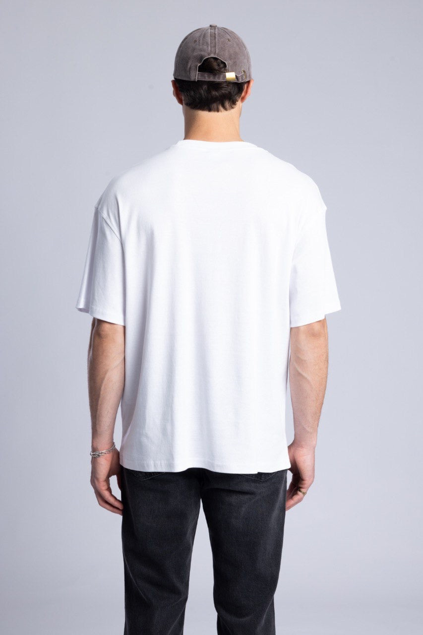 White Graphic T-Shirt with Black Flared Denim Jeans