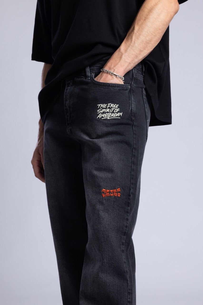Black Denim Jeans with Graphic Detail
