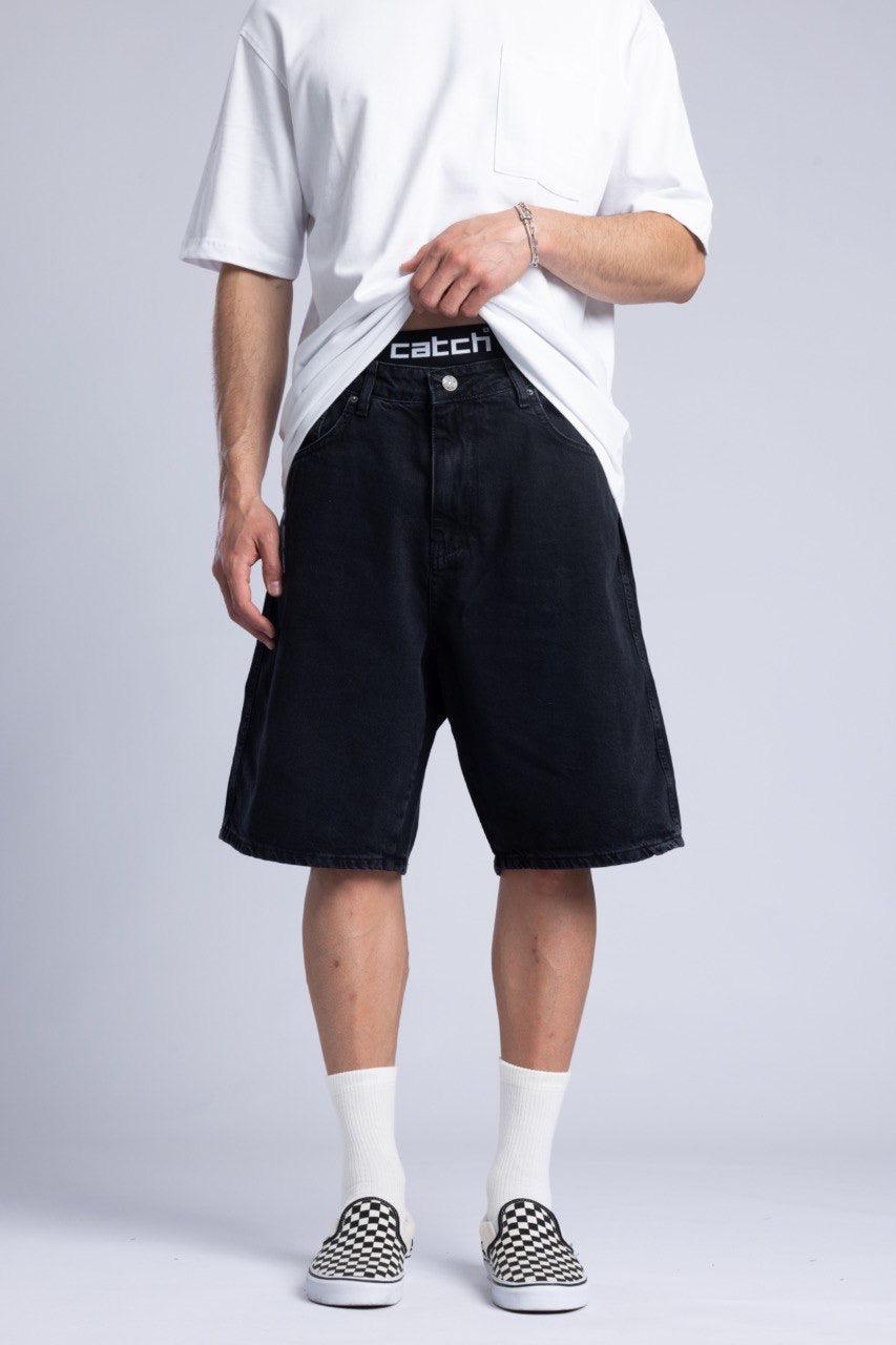 White Pocket T-Shirt with Black Denim Shorts
