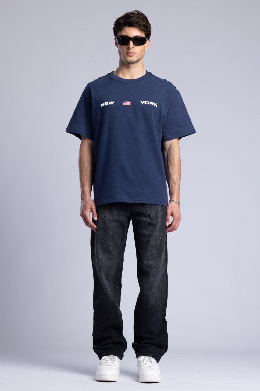 New York Graphic Tee in Navy with Flag Design