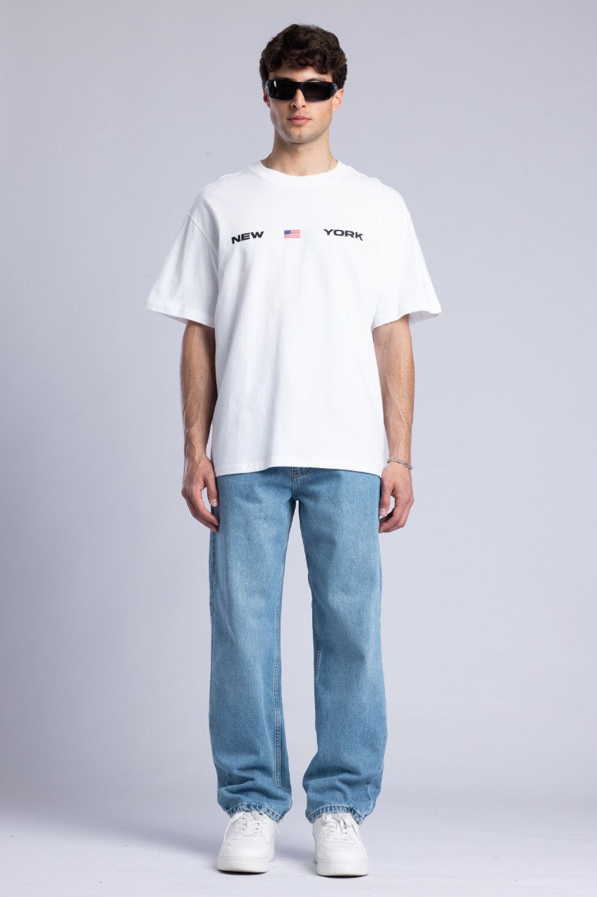 New York Graphic Tee in White with Flag Design