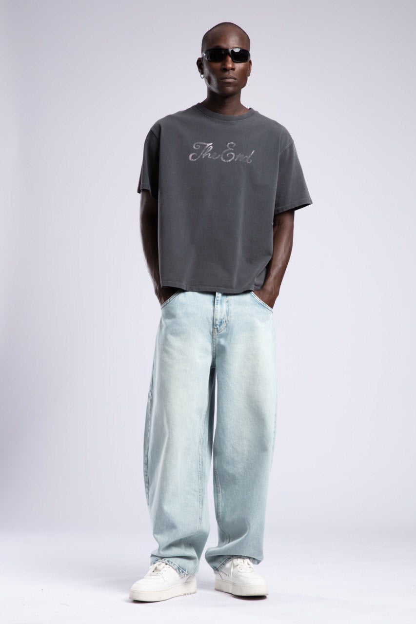 Charcoal “The End” Tee & Light Baggy Jeans Set
