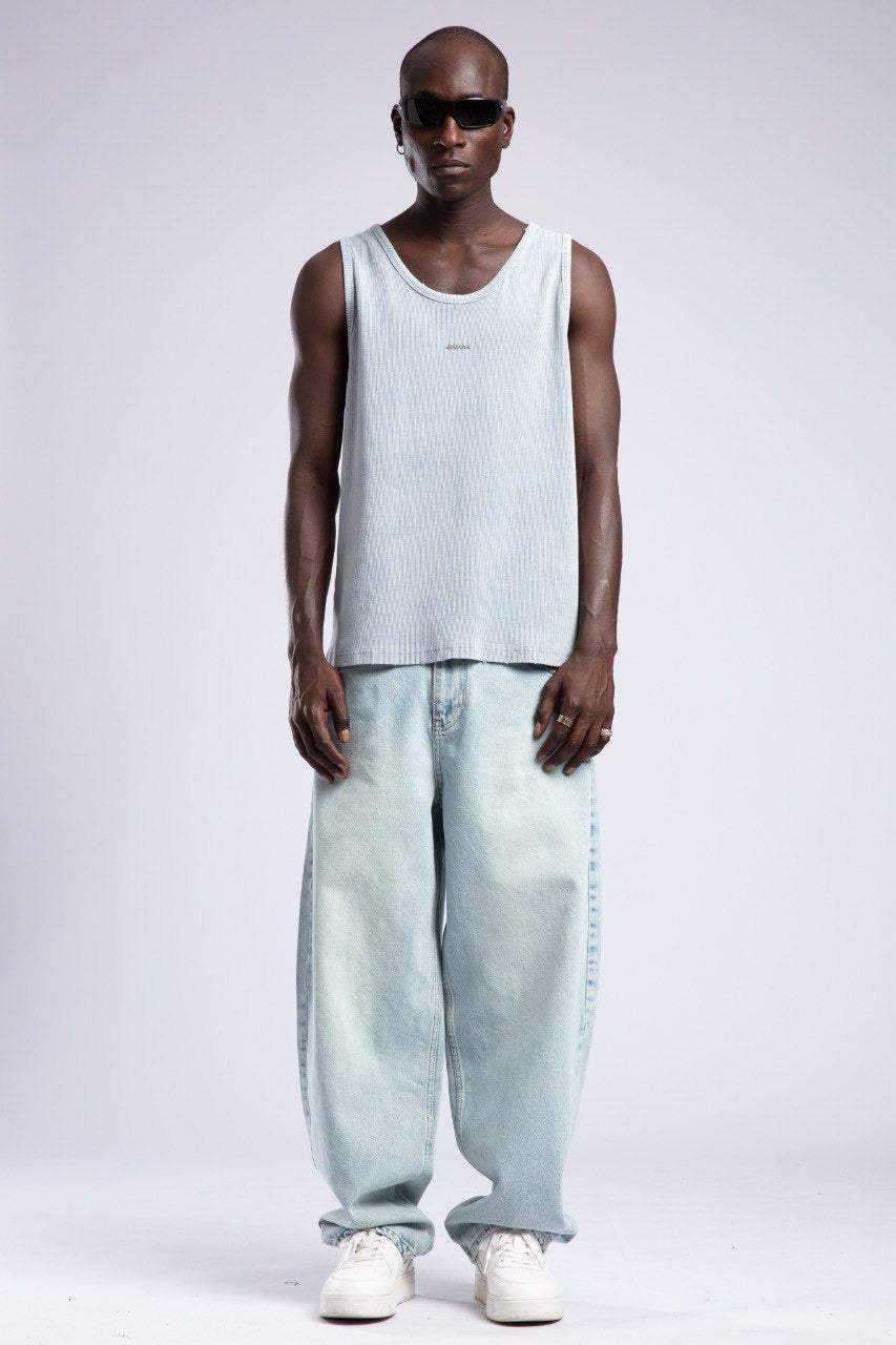 Light Blue Ribbed Tank Top & Baggy Denim Jeans Set