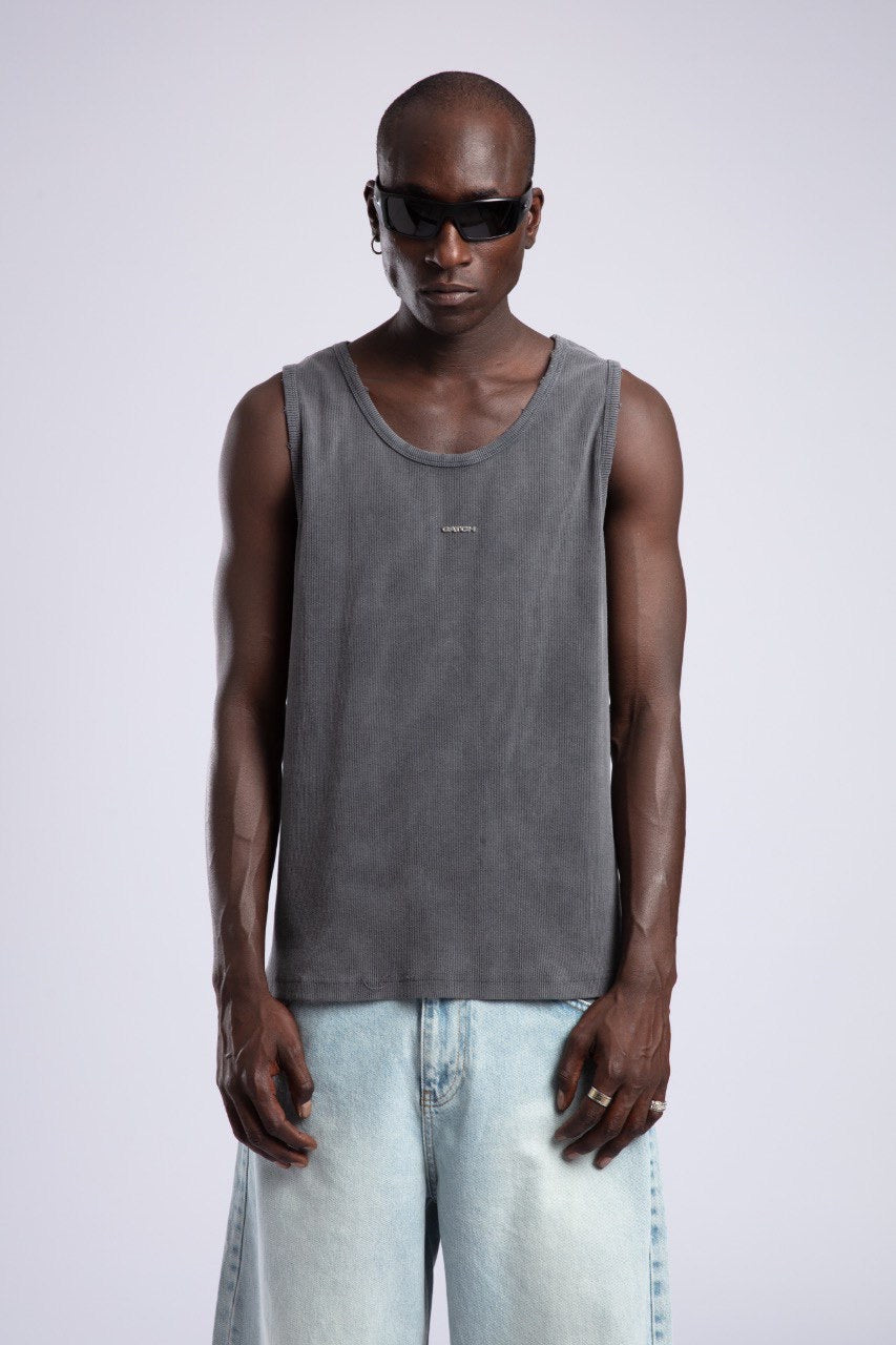 Gray Ribbed Tank Top & Light Baggy Denim Set