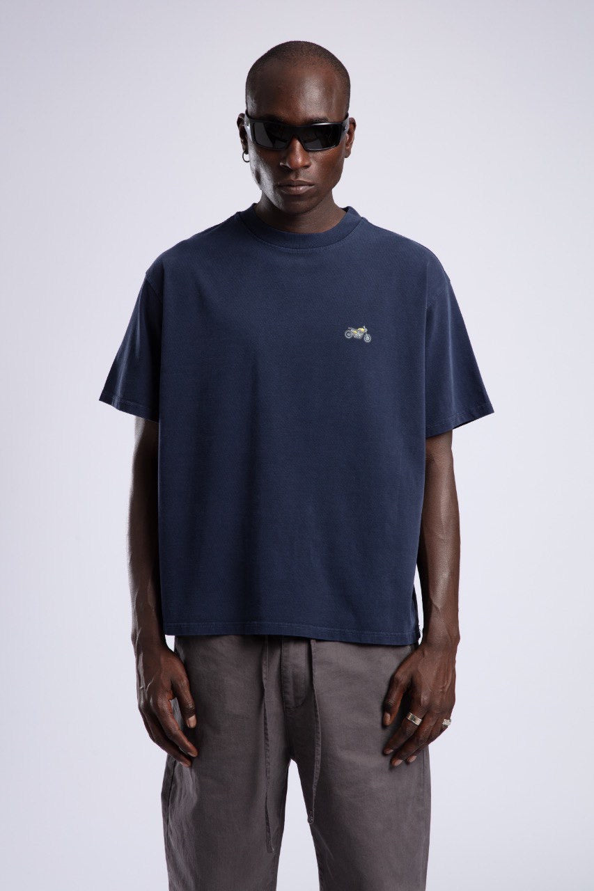 Washed Navy T-Shirt with Minimal Motorcycle Embroidery