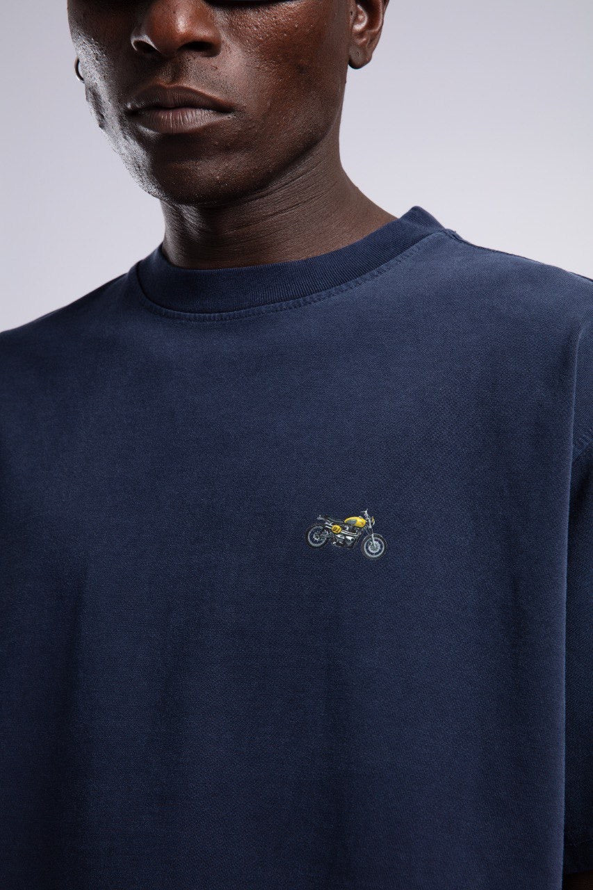 Washed Navy T-Shirt with Minimal Motorcycle Embroidery