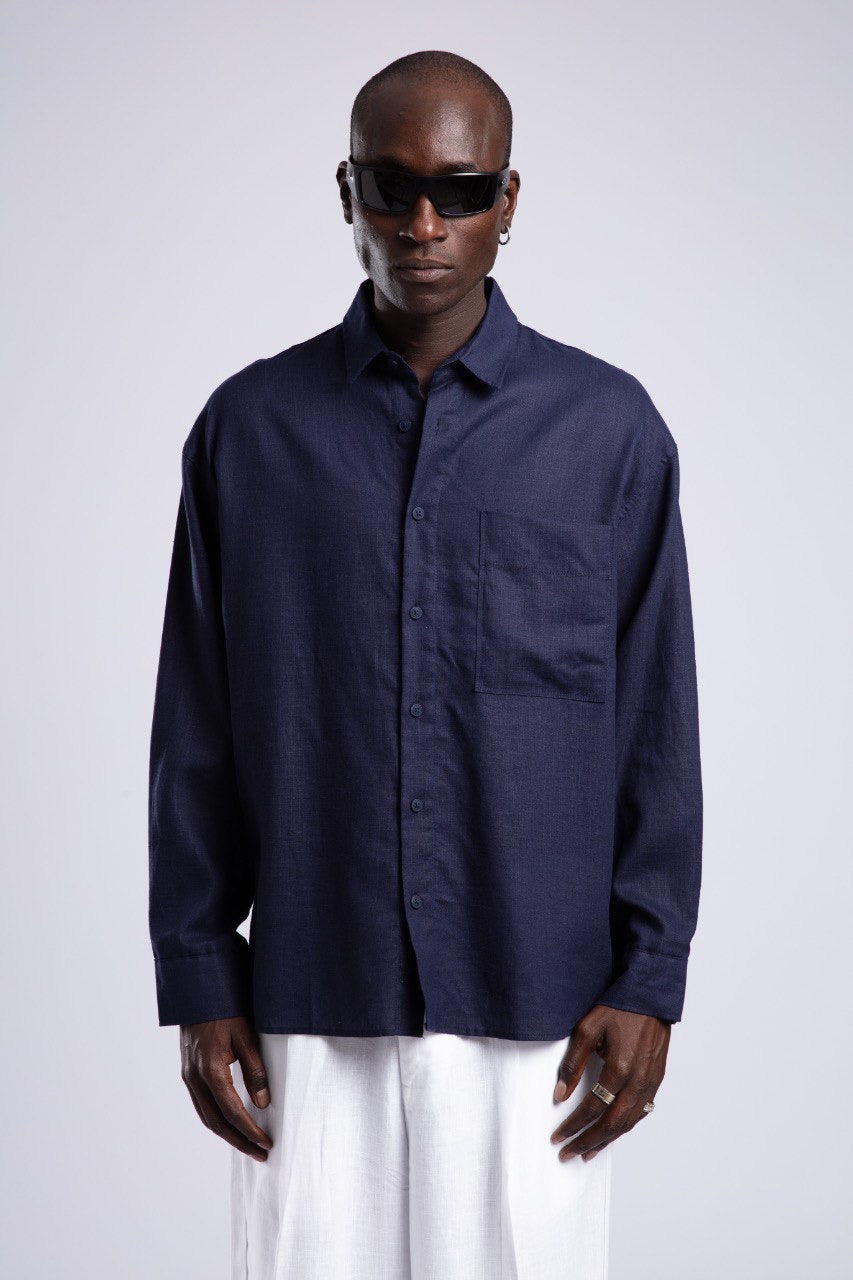 Navy Blue Linen Shirt for Men – Relaxed Fit