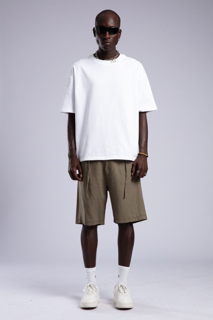 White Oversized Tee & Olive Drawstring Shorts Set