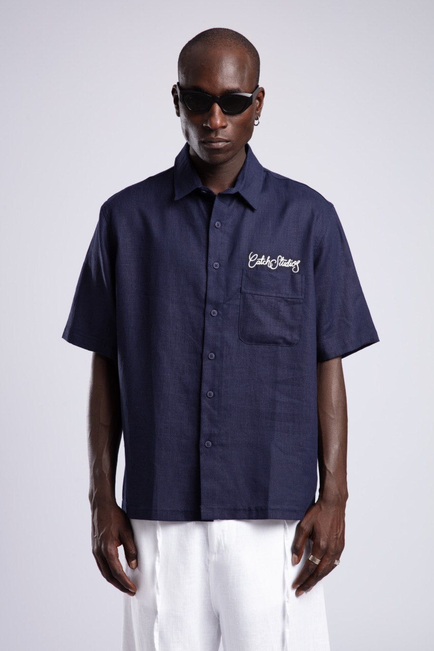 Navy Blue Short Sleeve Button-Up Shirt for Men