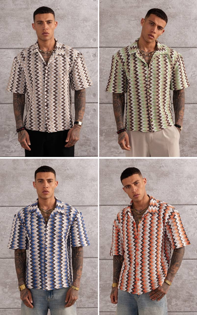 Zigzag Pattern Button-Up Shirt & Shorts Set