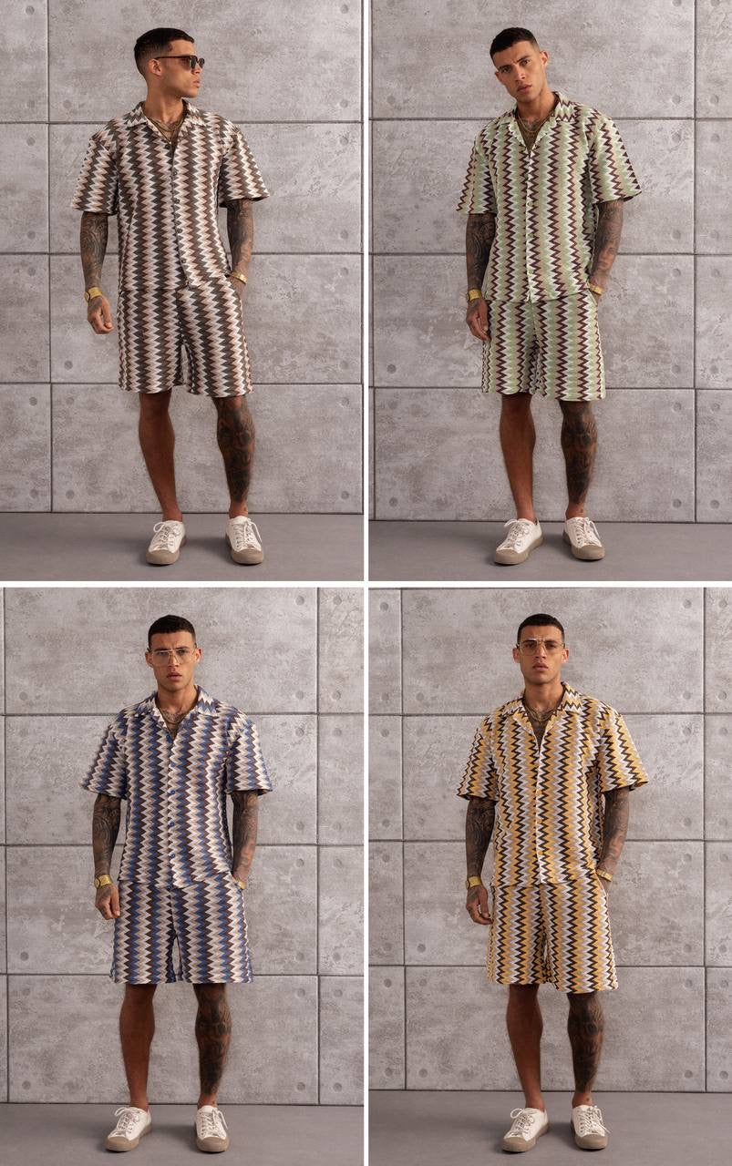 Zigzag Pattern Button-Up Shirt & Shorts Set