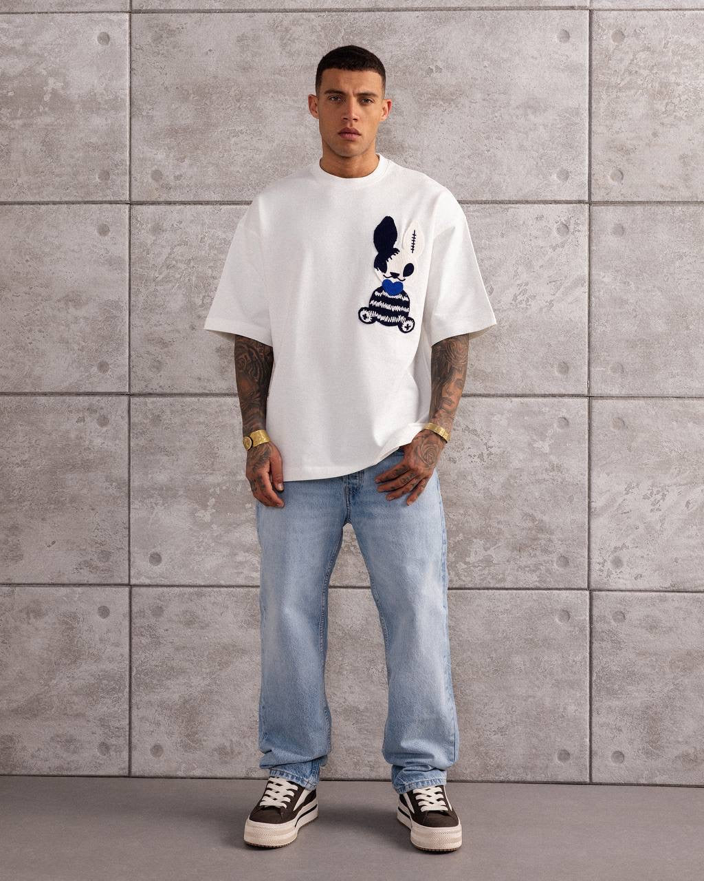 Embroidered Bunny Graphic Oversized T-Shirt for Men