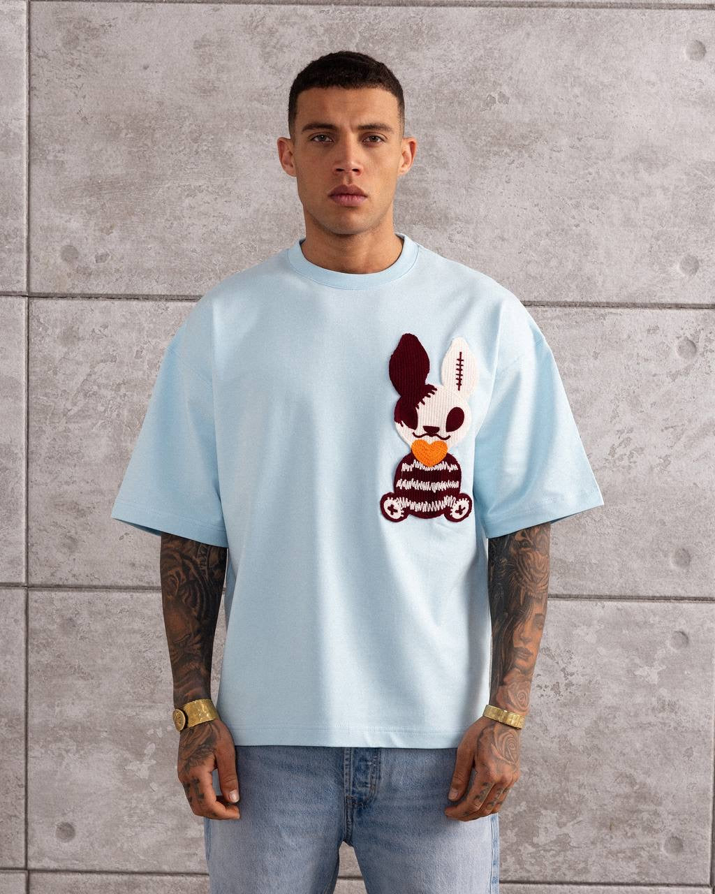 Embroidered Bunny Graphic Oversized T-Shirt for Men