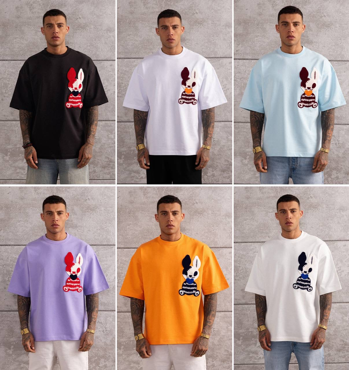 Embroidered Bunny Graphic Oversized T-Shirt for Men