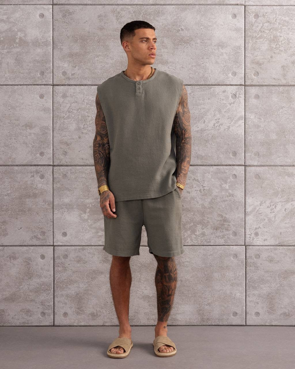 Sleeveless Henley Co-Ord – Men’s Summer Tank