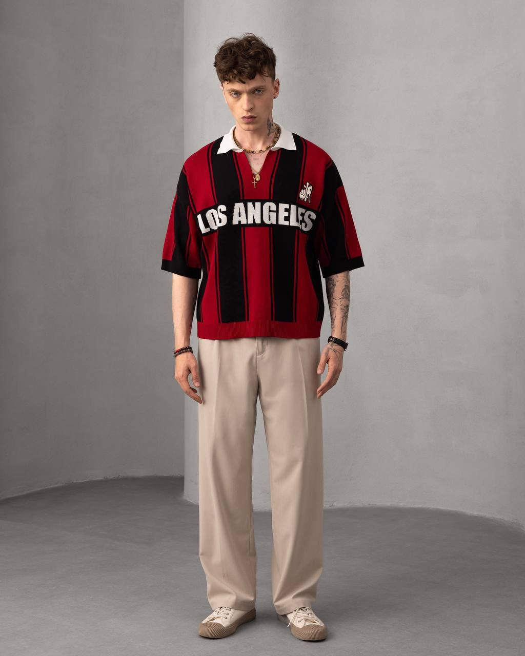 Los Angeles Striped Polo – Retro Streetwear Knit T-Shirt